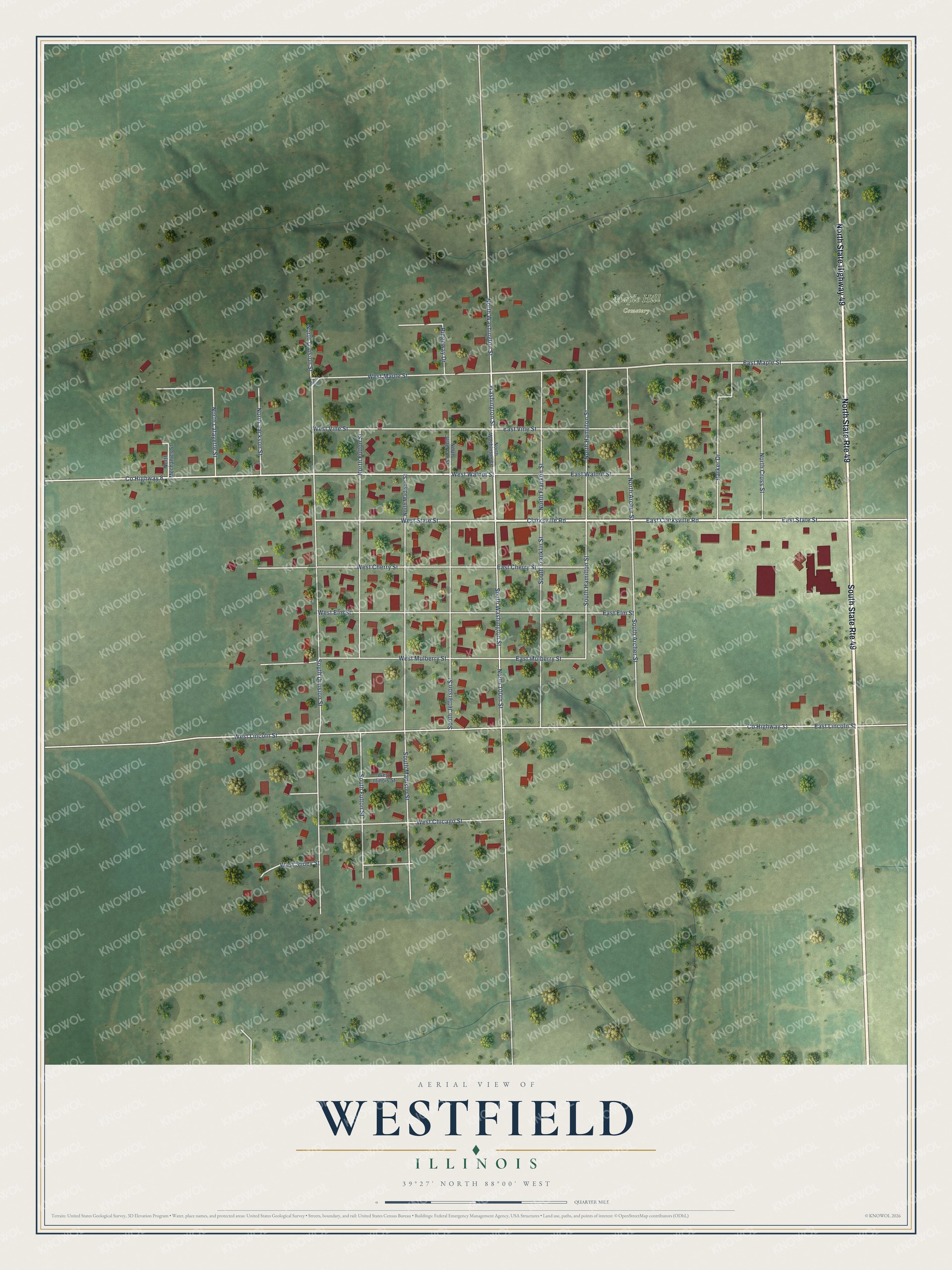 Full map of Westfield, Illinois, with red buildings, printed street names and the land around them