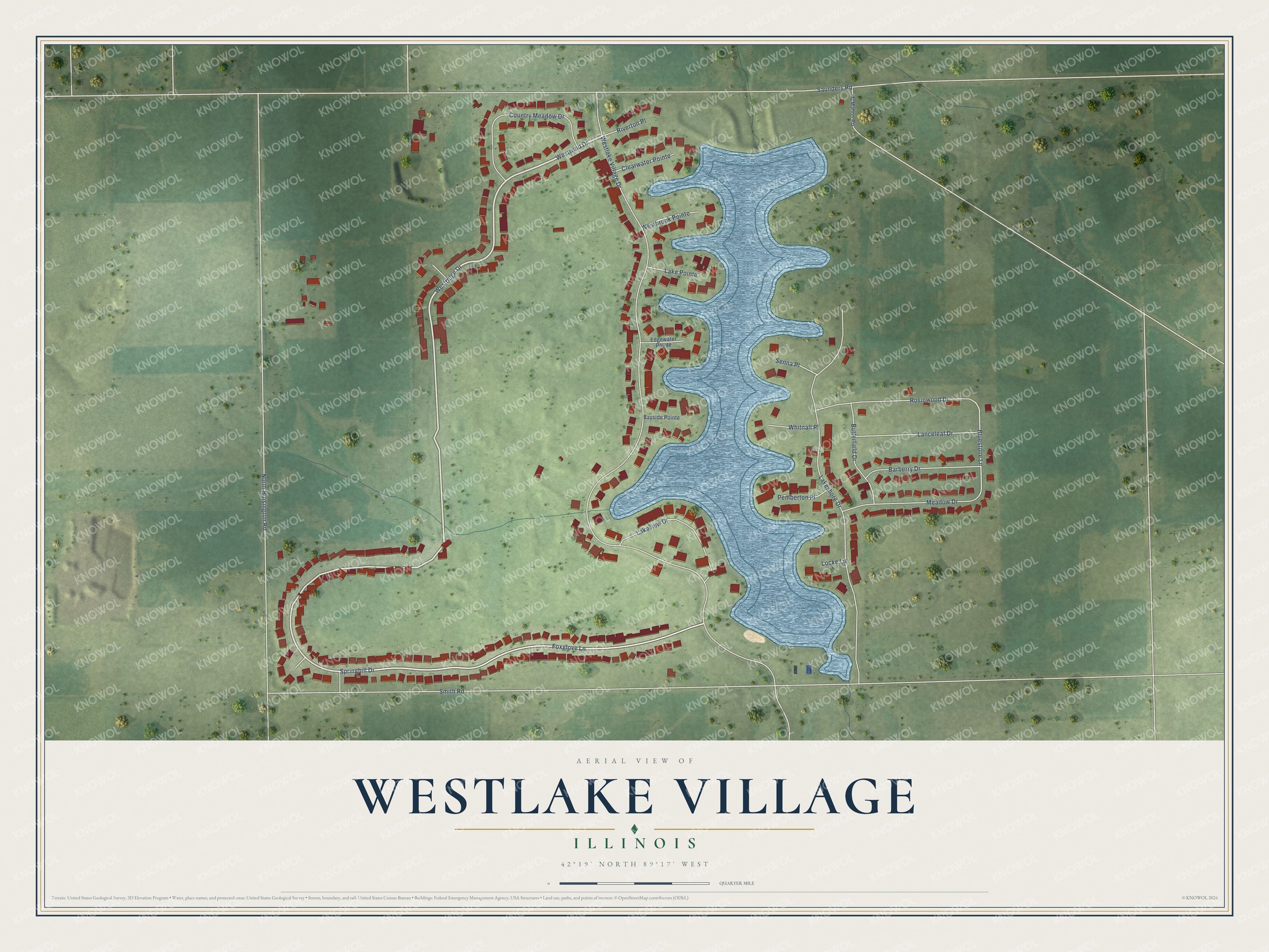 Full map of Westlake Village, Illinois, with red buildings, printed street names and the land around them