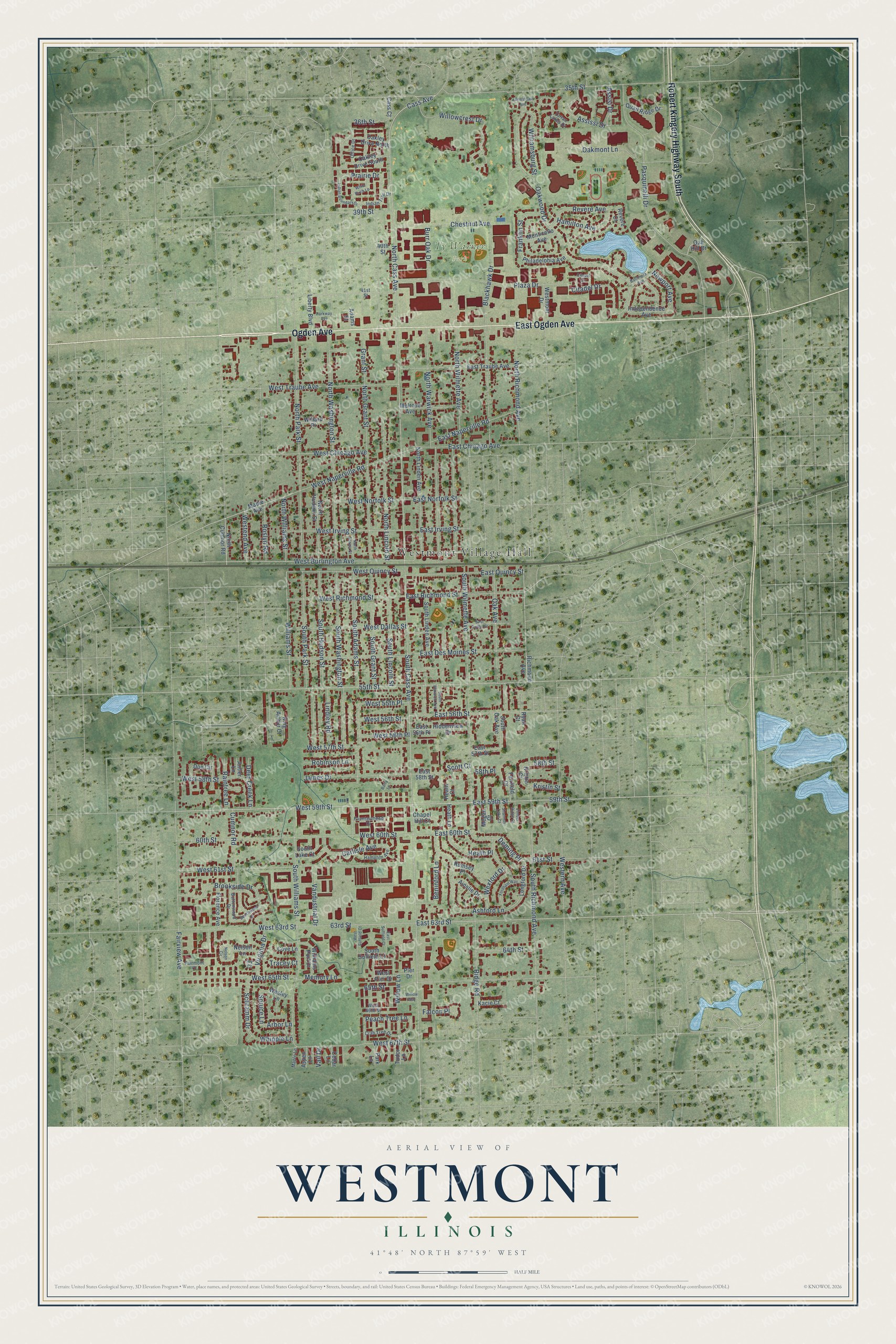 Full map of Westmont, Illinois, with red buildings, printed street names and the land around them
