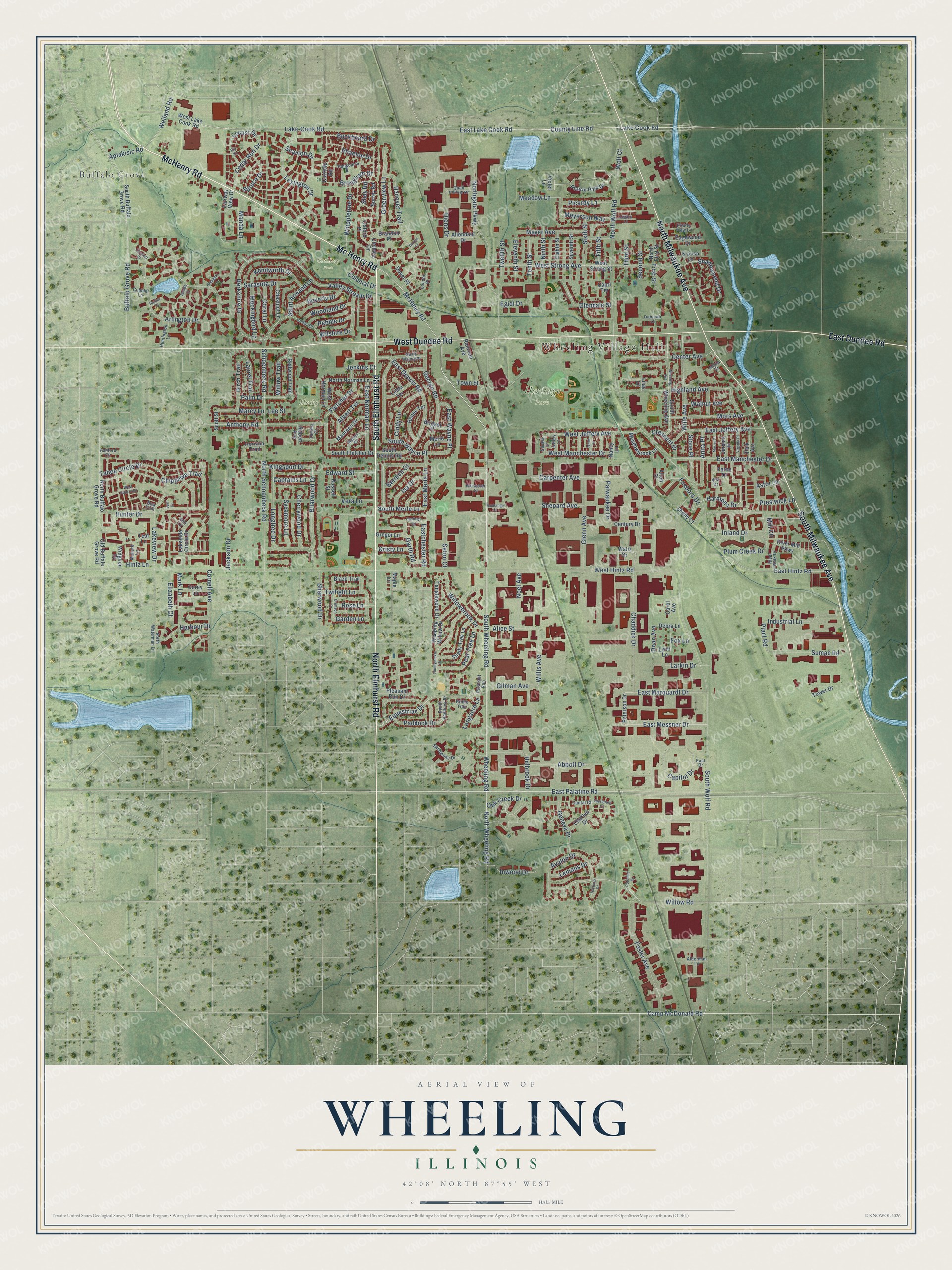 Full map of Wheeling, Illinois, with red buildings, printed street names and the land around them