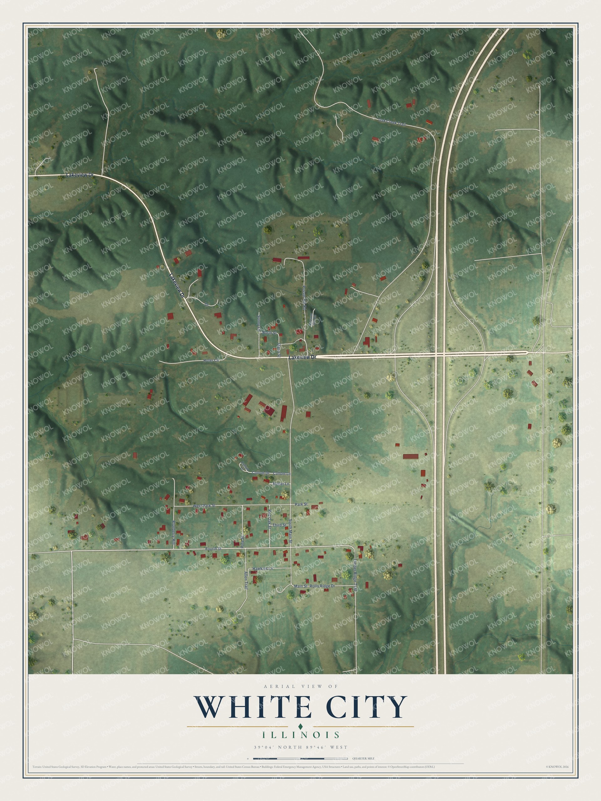 Full map of White City, Illinois, with red buildings, printed street names and the land around them