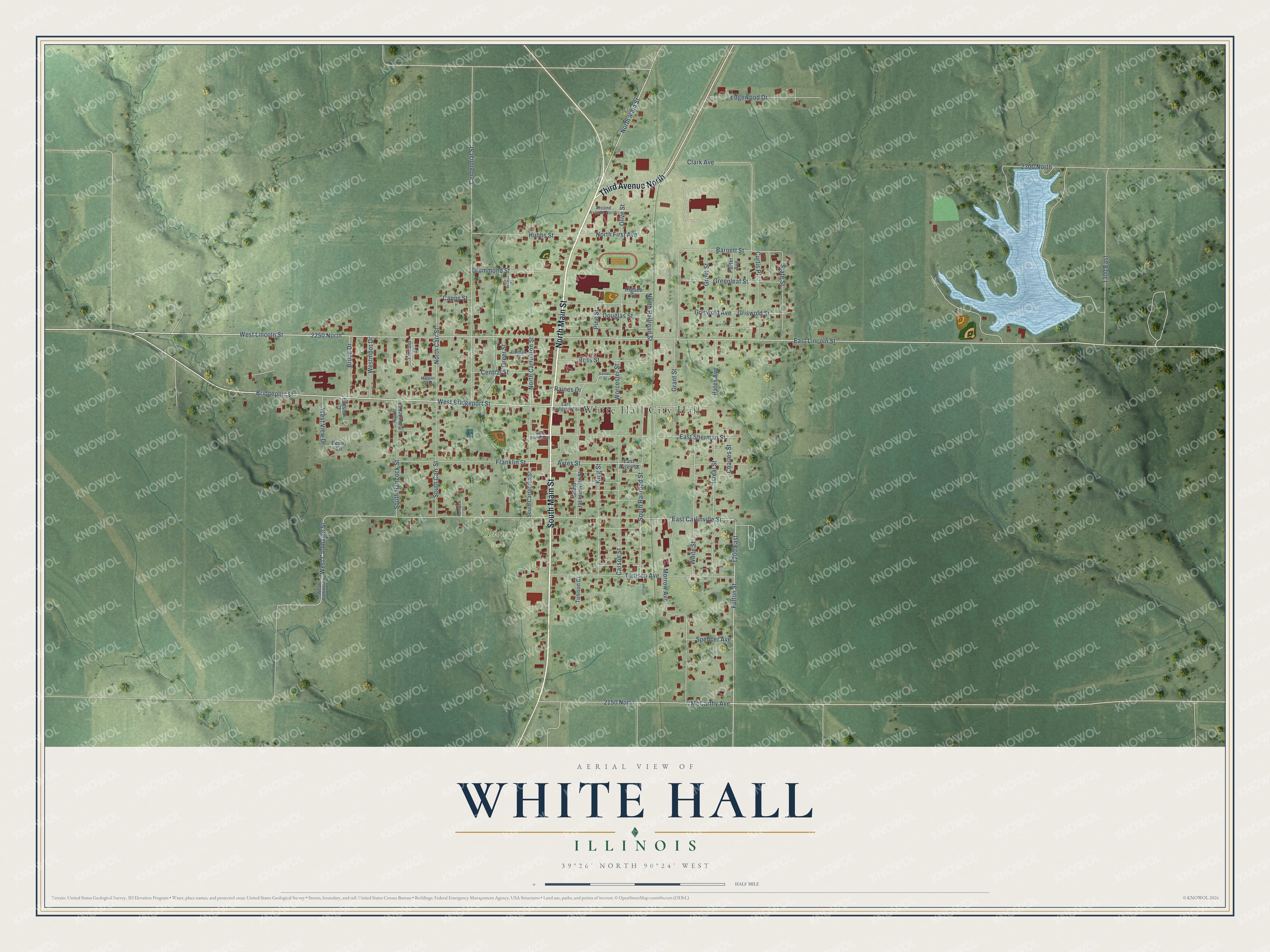 Full map of White Hall, Illinois, with red buildings, printed street names and the land around them