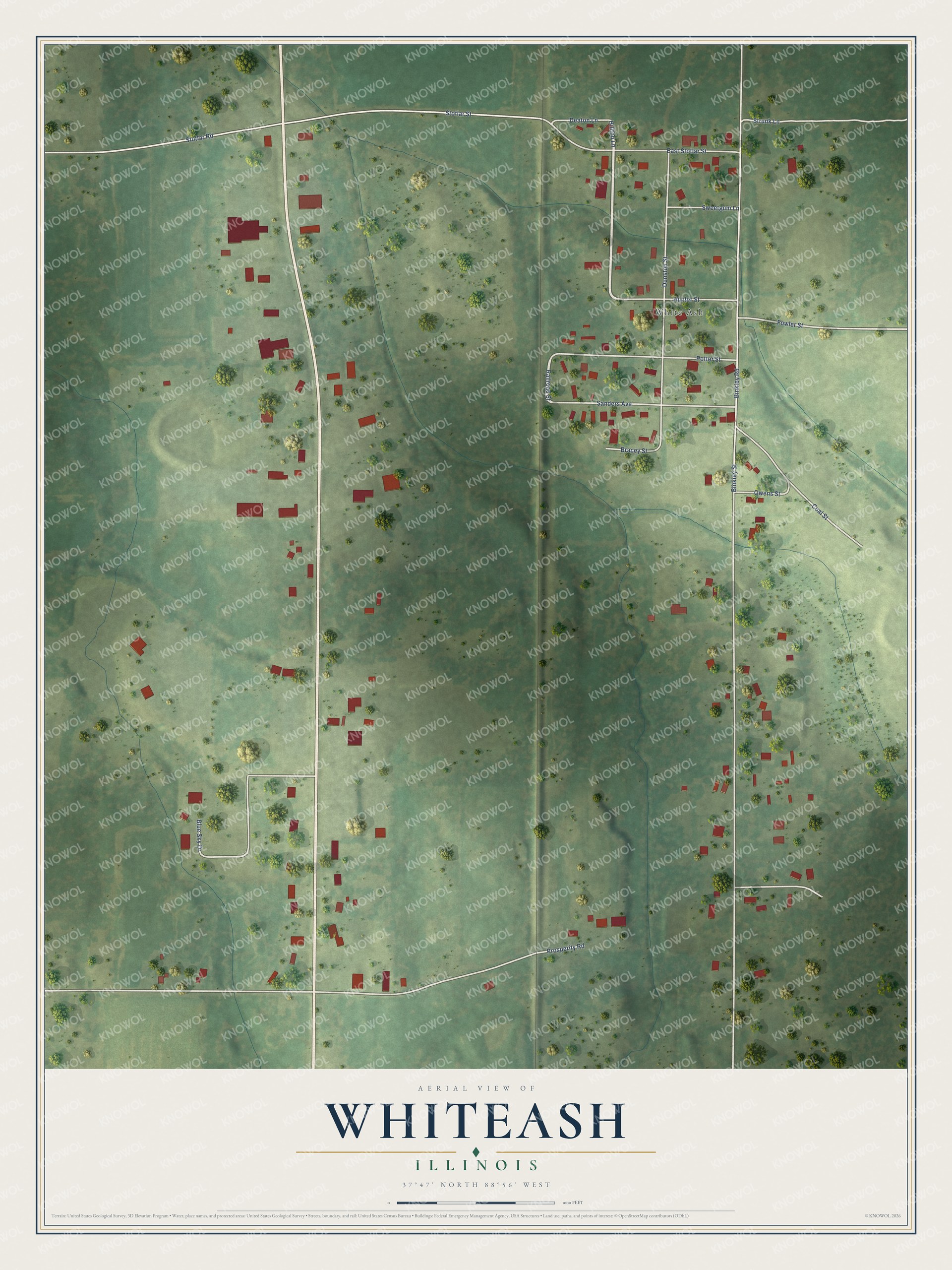 Full map of Whiteash, Illinois, with red buildings, printed street names and the land around them