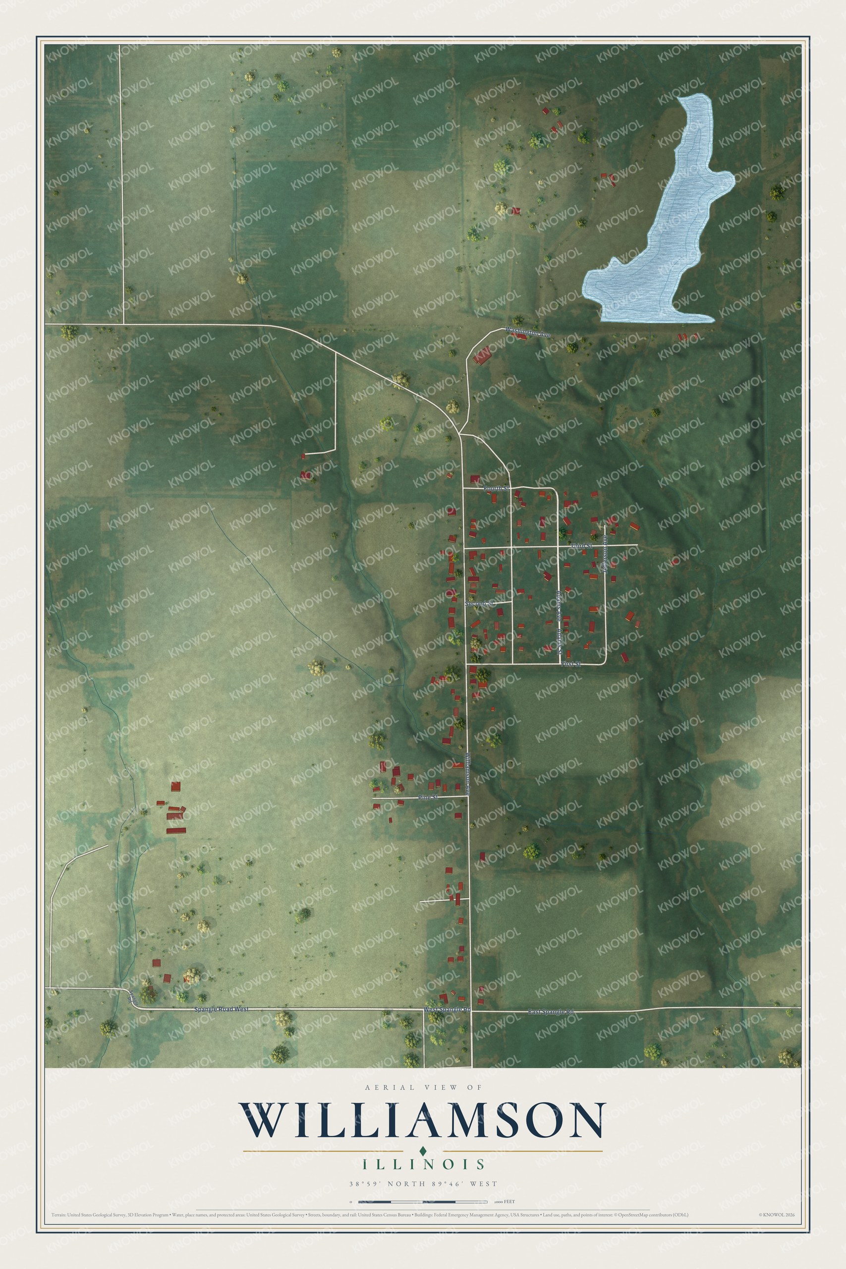 Full map of Williamson, Illinois, with red buildings, printed street names and the land around them