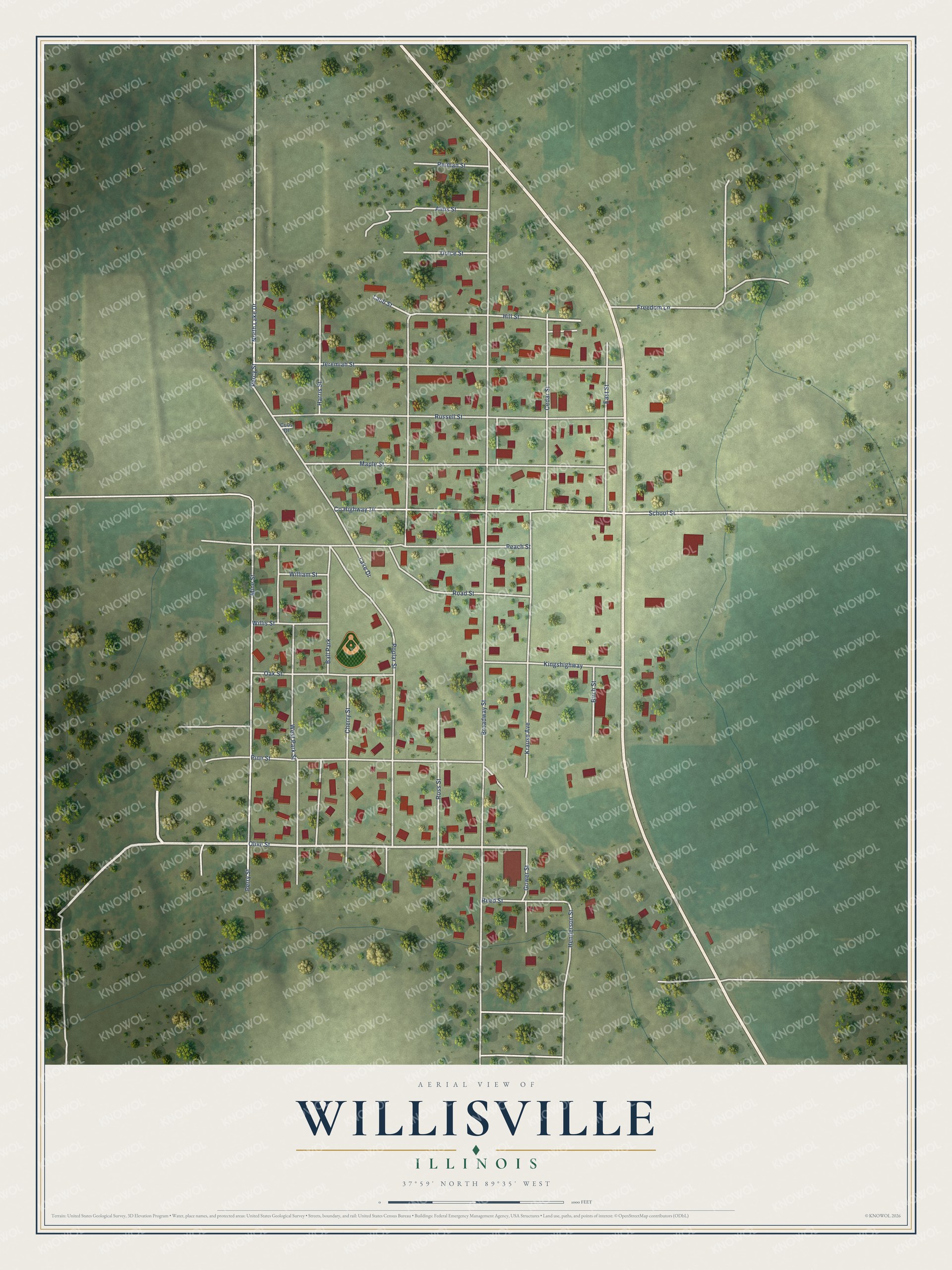 Full map of Willisville, Illinois, with red buildings, printed street names and the land around them