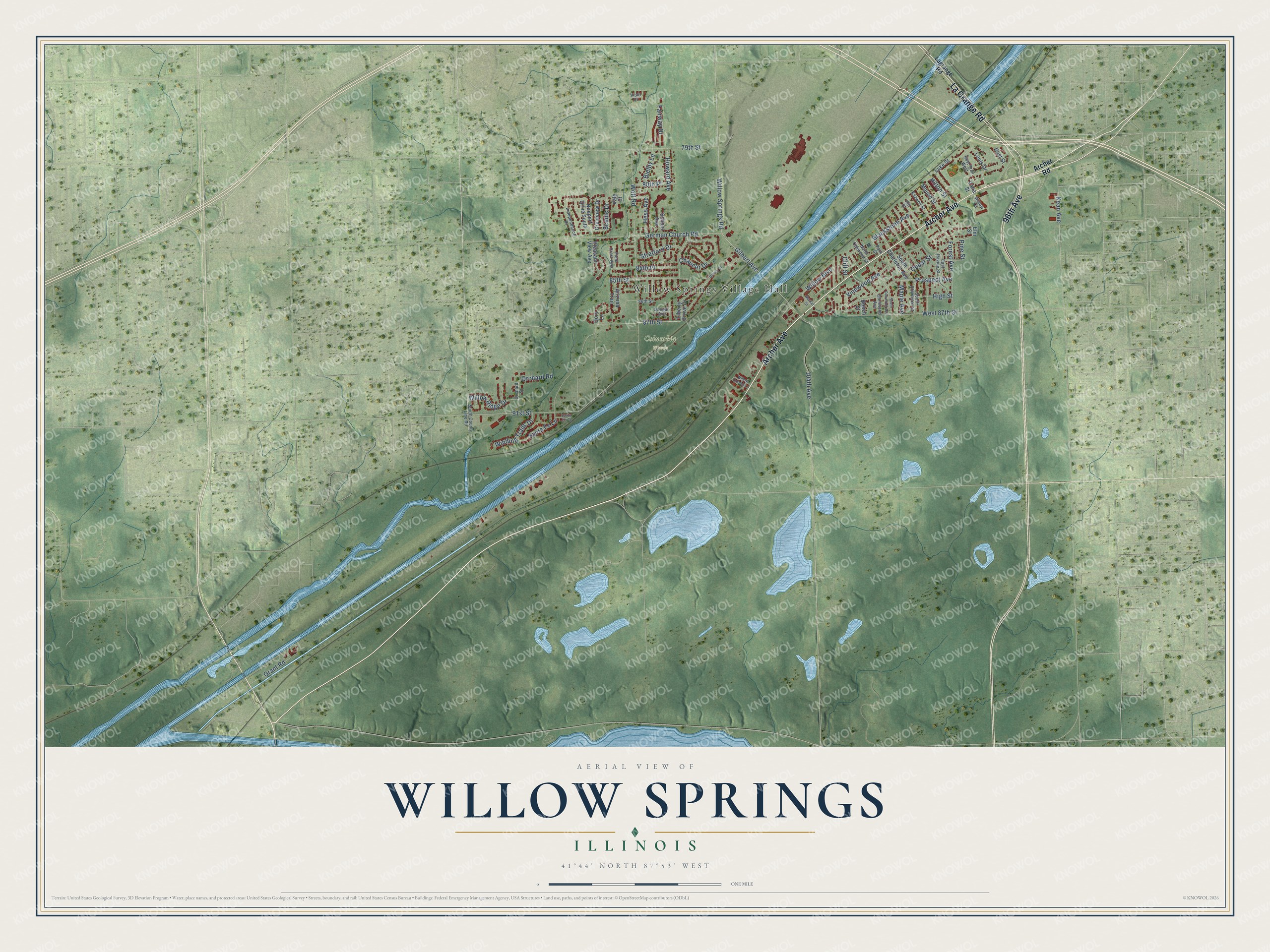 Full map of Willow Springs, Illinois, with red buildings, printed street names and the land around them