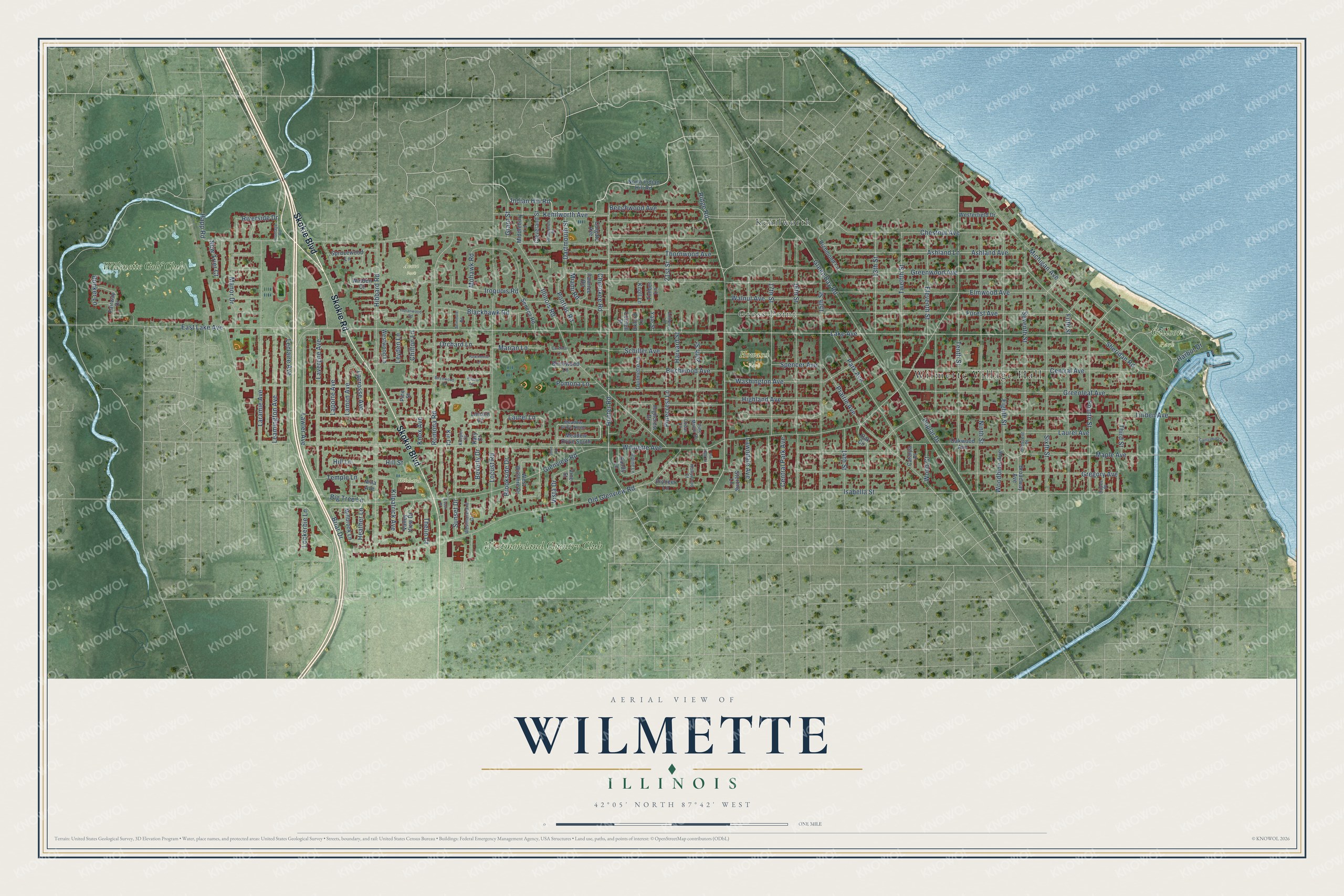 Full map of Wilmette, Illinois, with red buildings, printed street names and the land around them