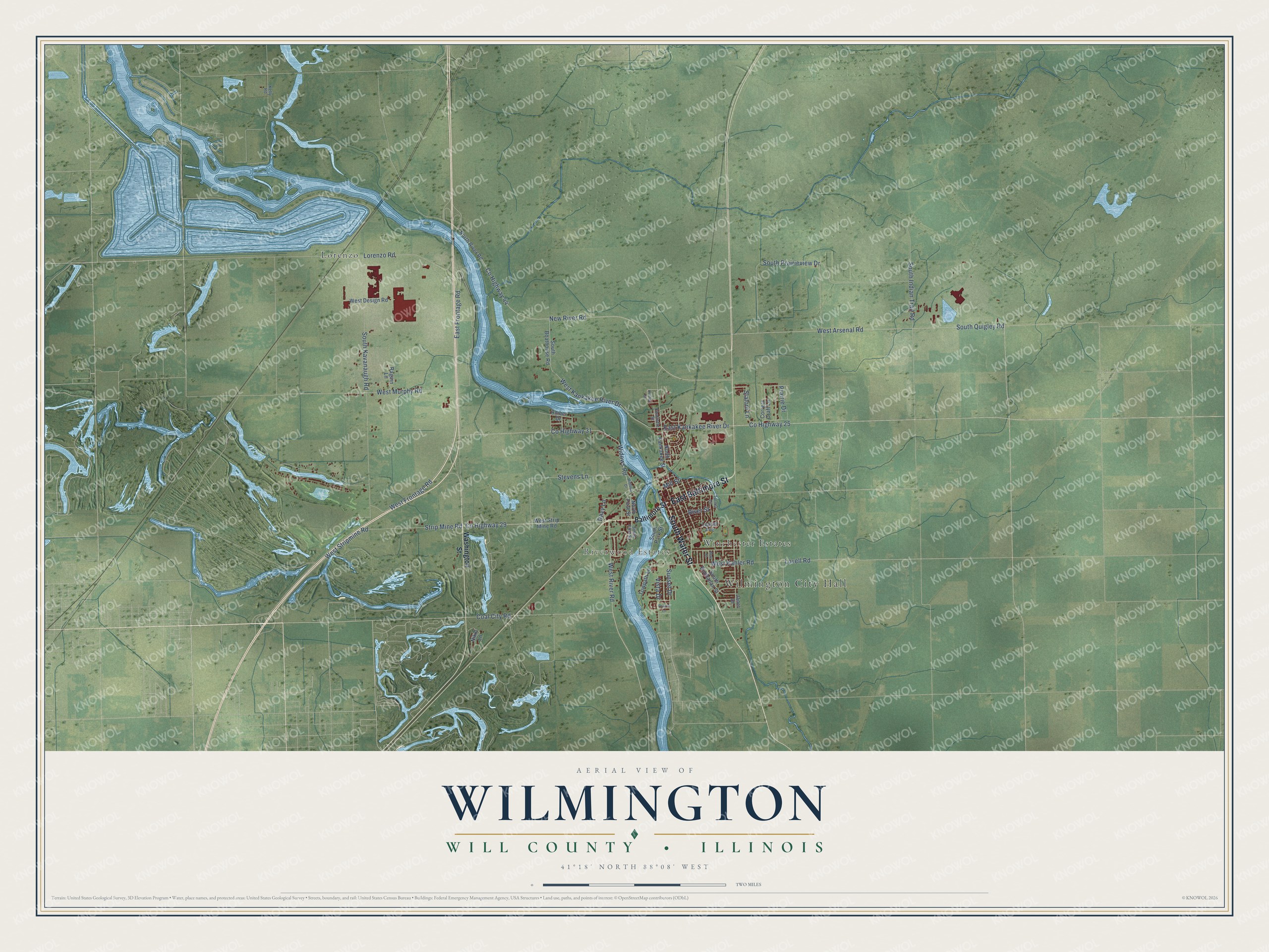 Full map of Wilmington, Illinois, with red buildings, printed street names and the land around them