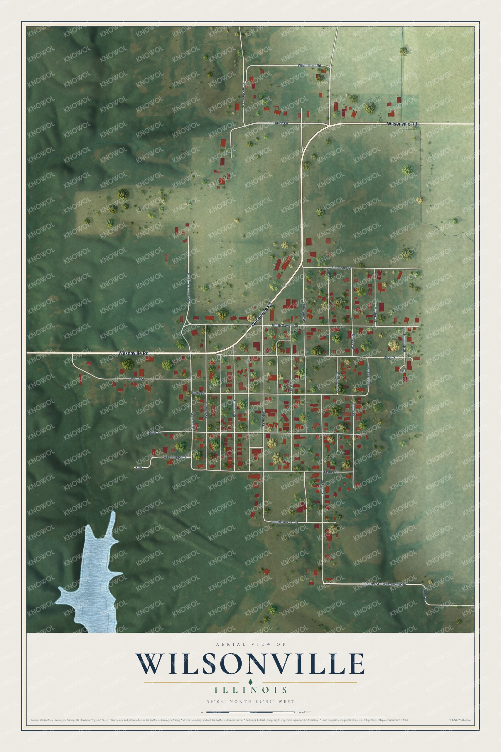 Full map of Wilsonville, Illinois, with red buildings, printed street names and the land around them