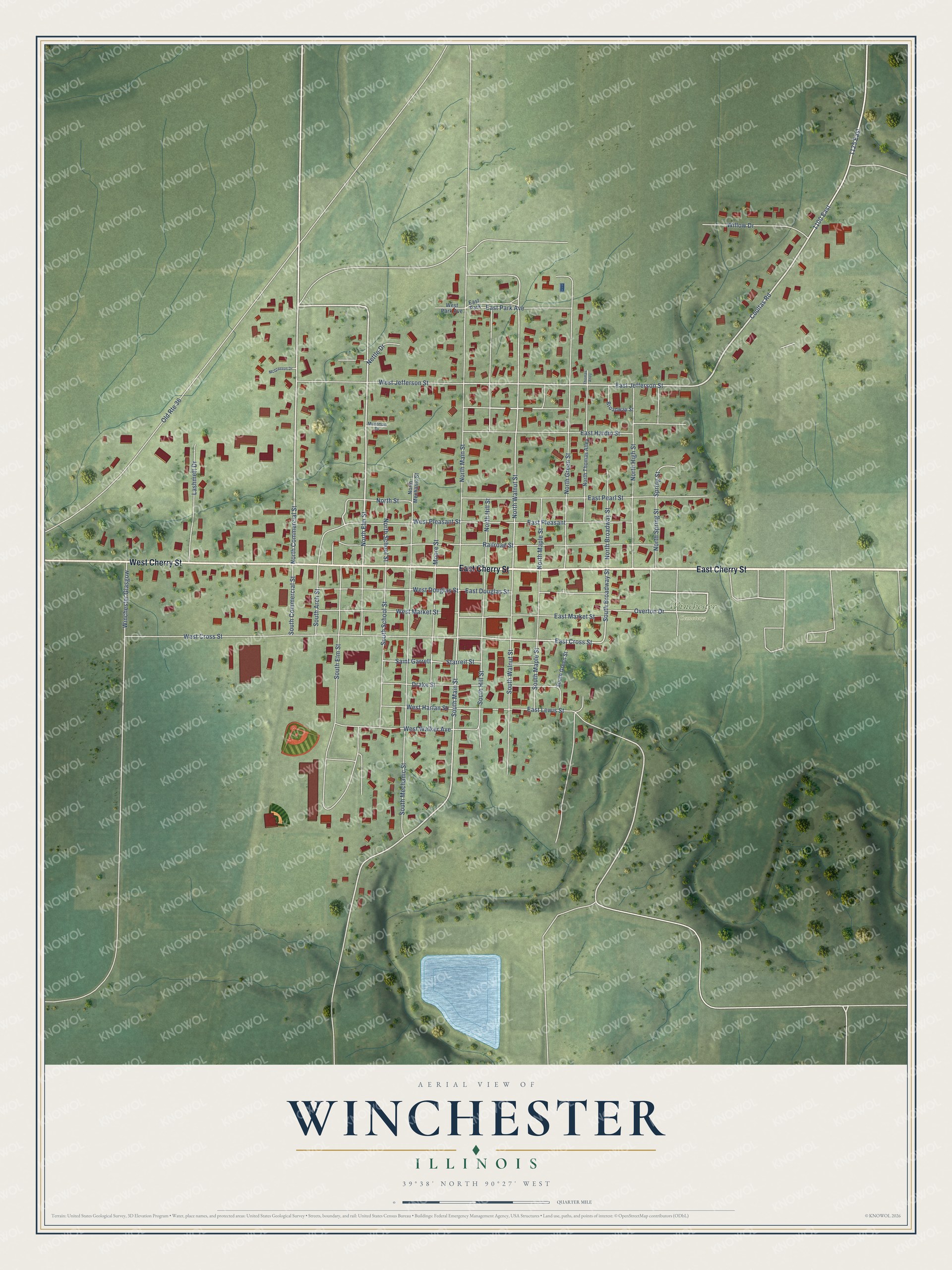 Full map of Winchester, Illinois, with red buildings, printed street names and the land around them