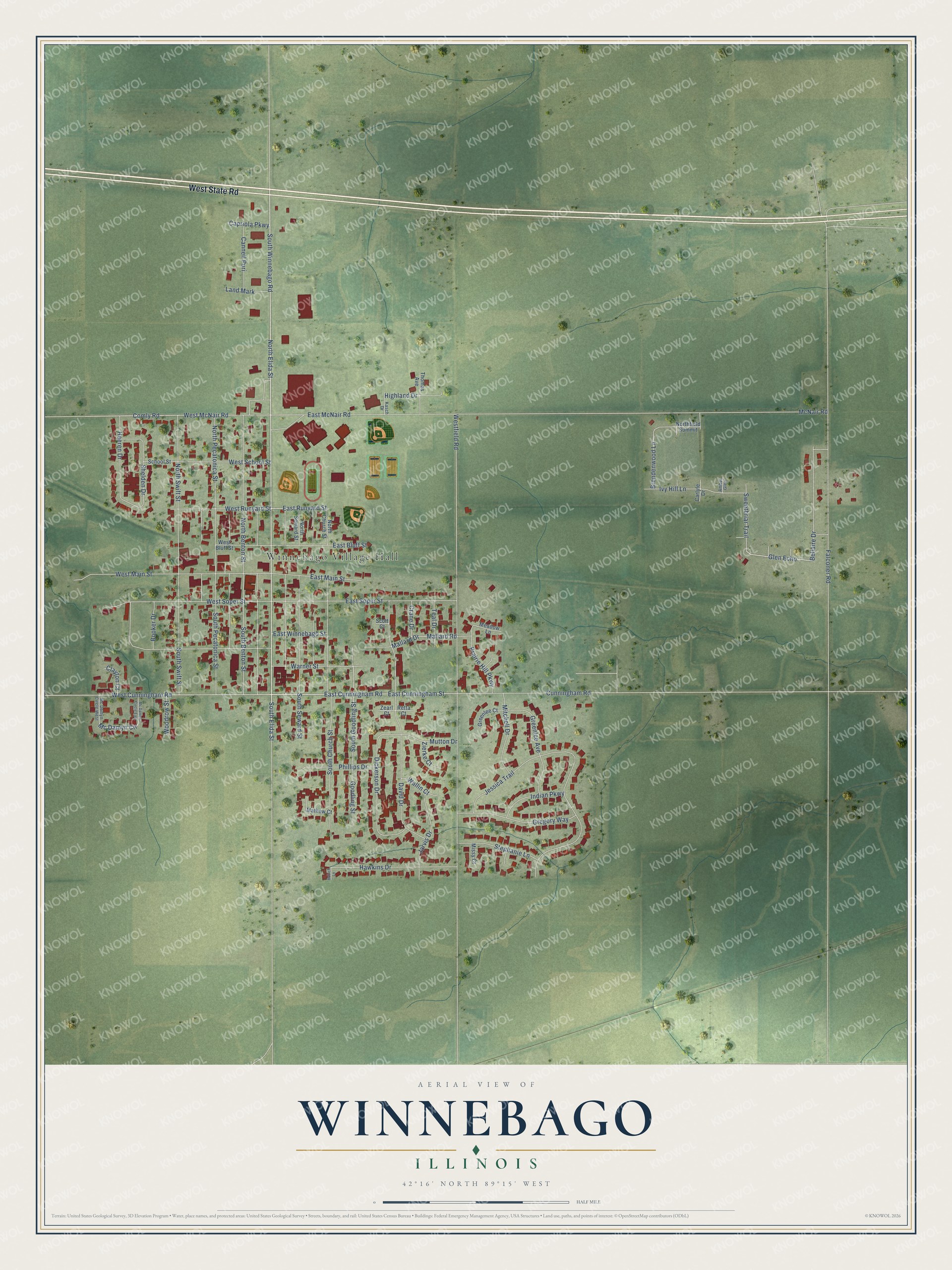 Full map of Winnebago, Illinois, with red buildings, printed street names and the land around them