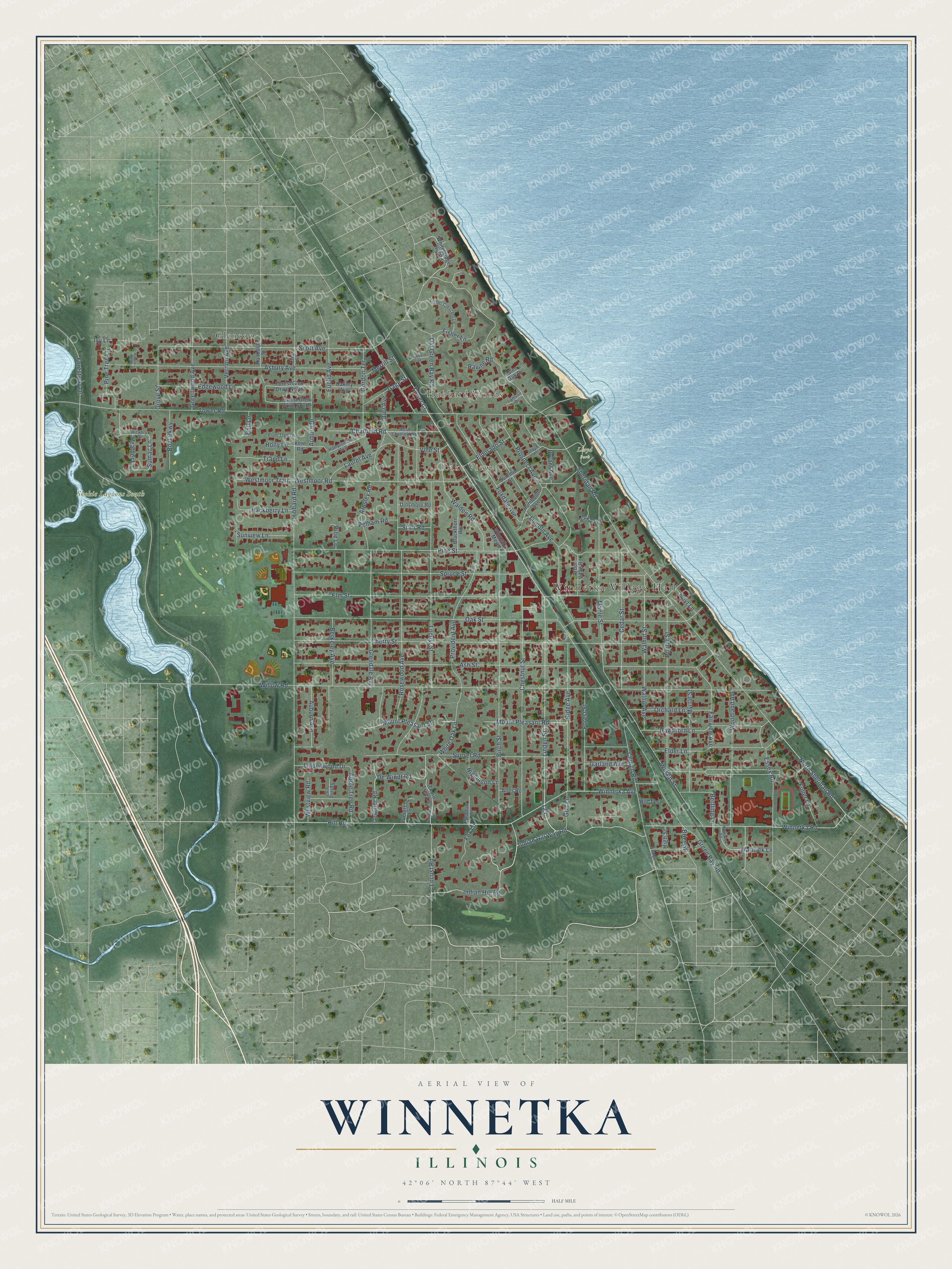 Full map of Winnetka, Illinois, with red buildings, printed street names and the land around them
