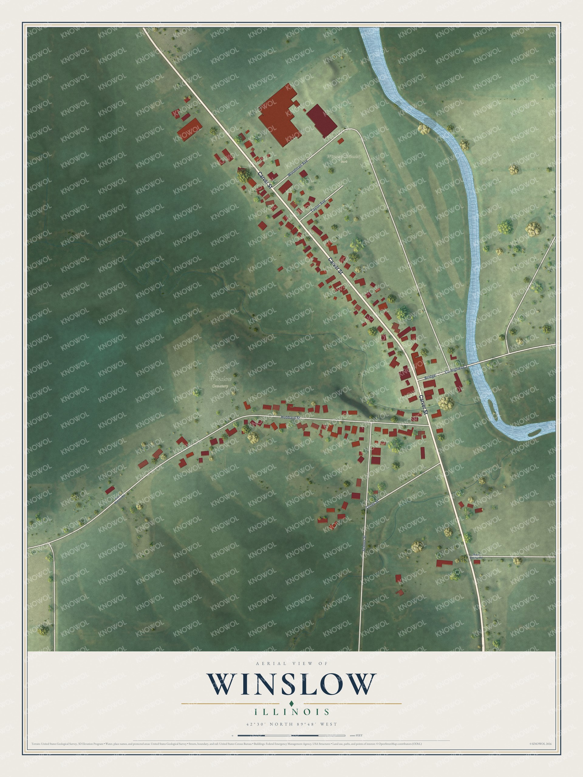 Full map of Winslow, Illinois, with red buildings, printed street names and the land around them