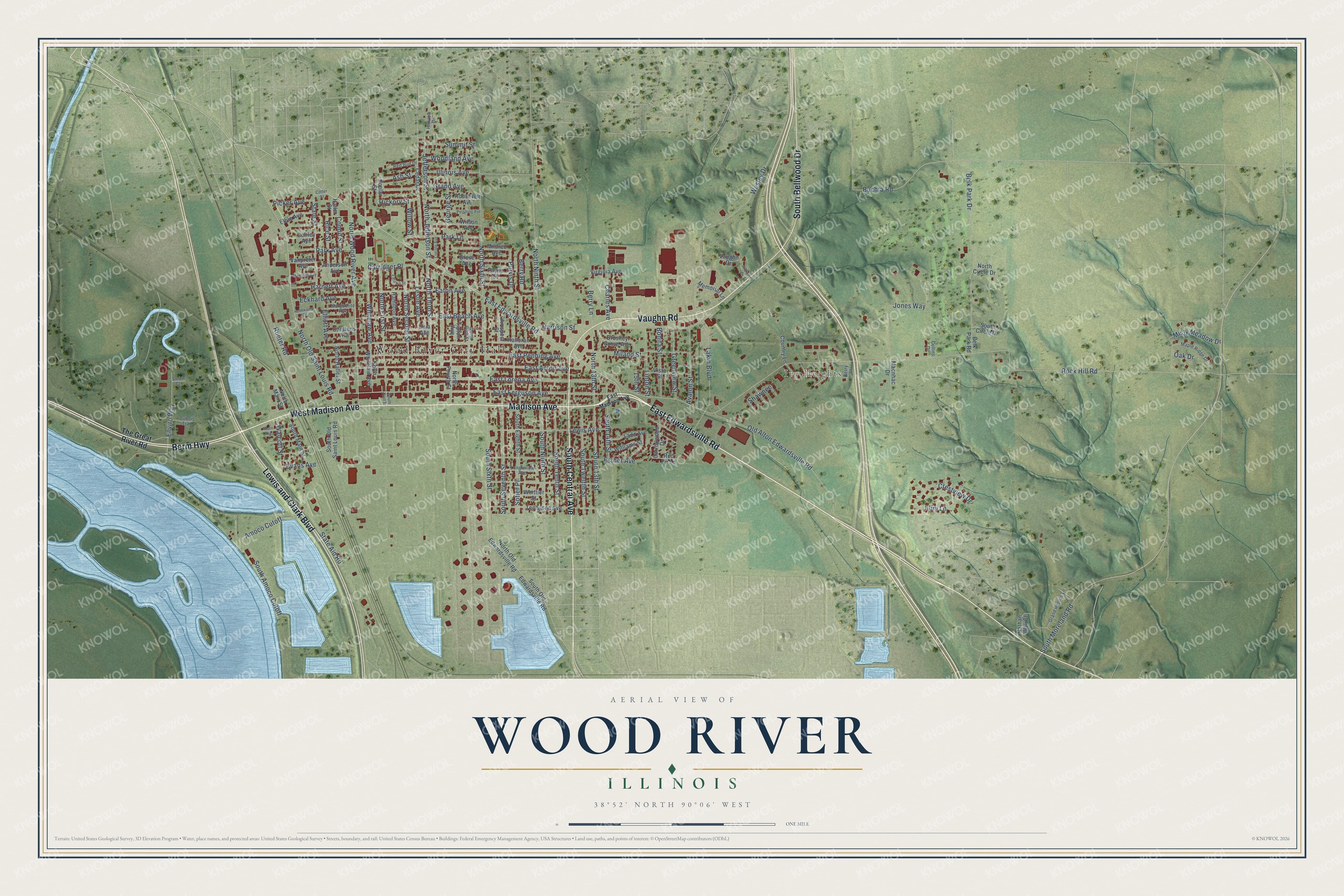 Full map of Wood River, Illinois, with red buildings, printed street names and the land around them