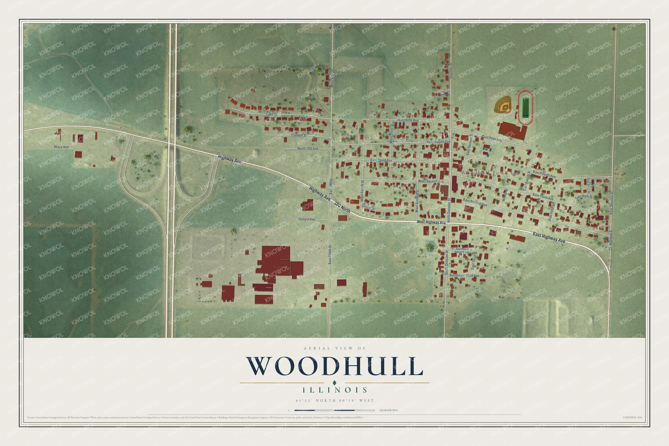 Full map of Woodhull, Illinois, with red buildings, printed street names and the land around them
