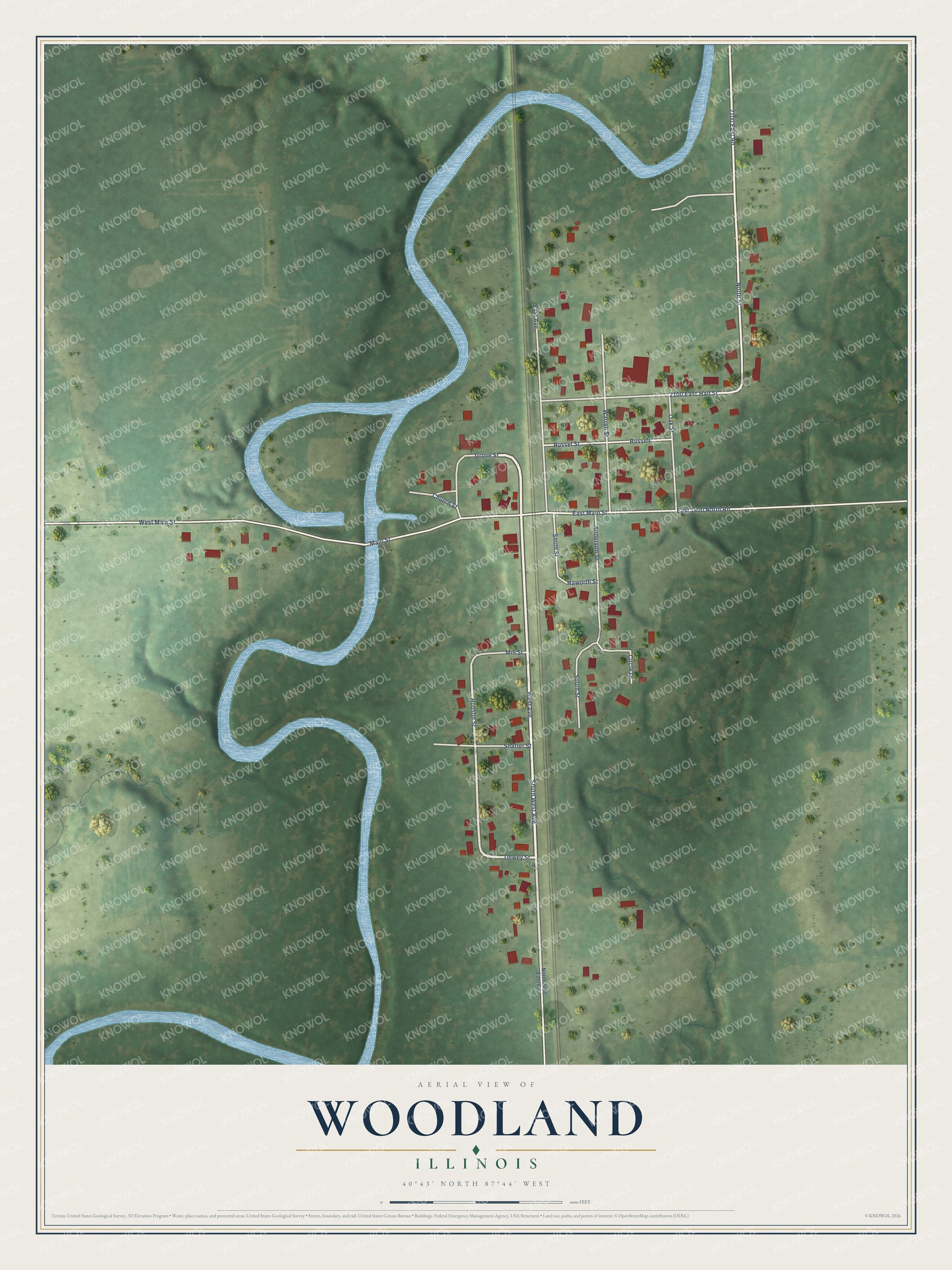 Watermarked full-map preview of Woodland, Illinois