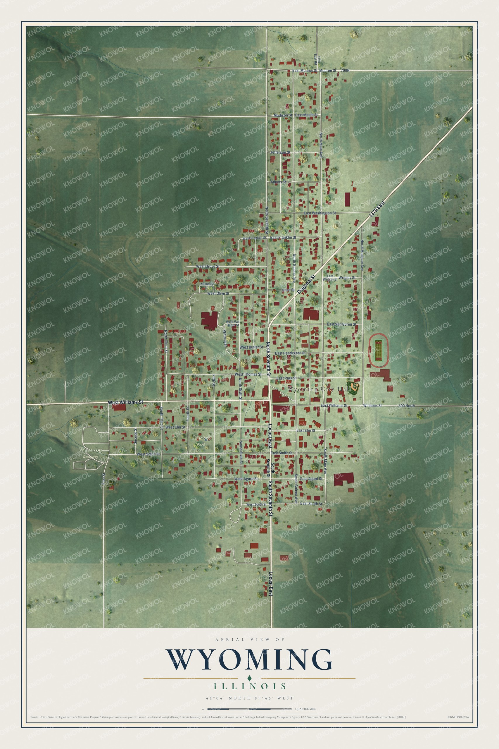 Full map of Wyoming, Illinois, with red buildings, printed street names and the land around them