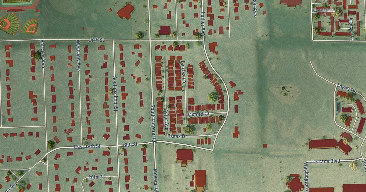 Close-up of streets and buildings in York Center, Illinois