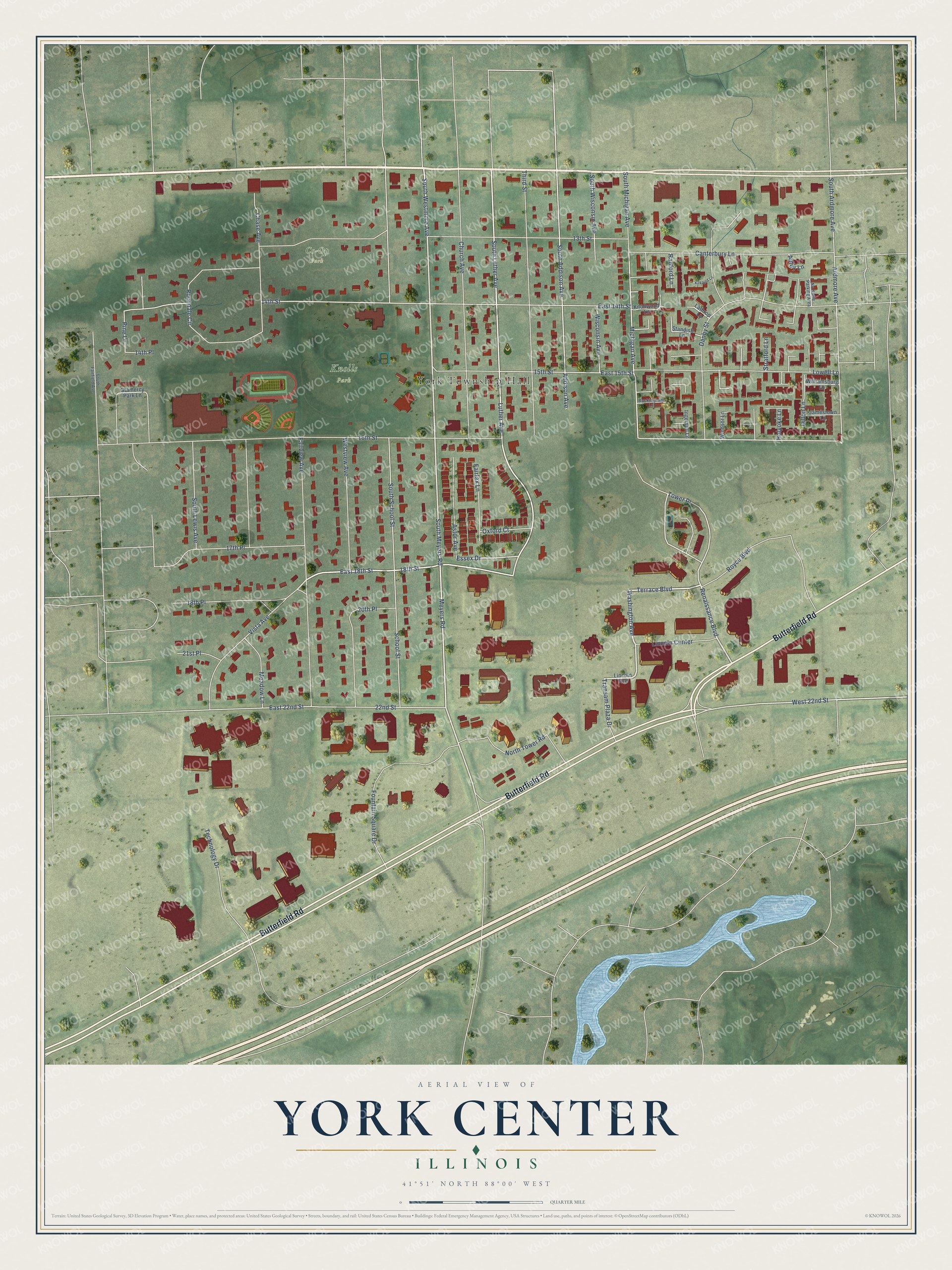 Full map of York Center, Illinois, with red buildings, printed street names and the land around them