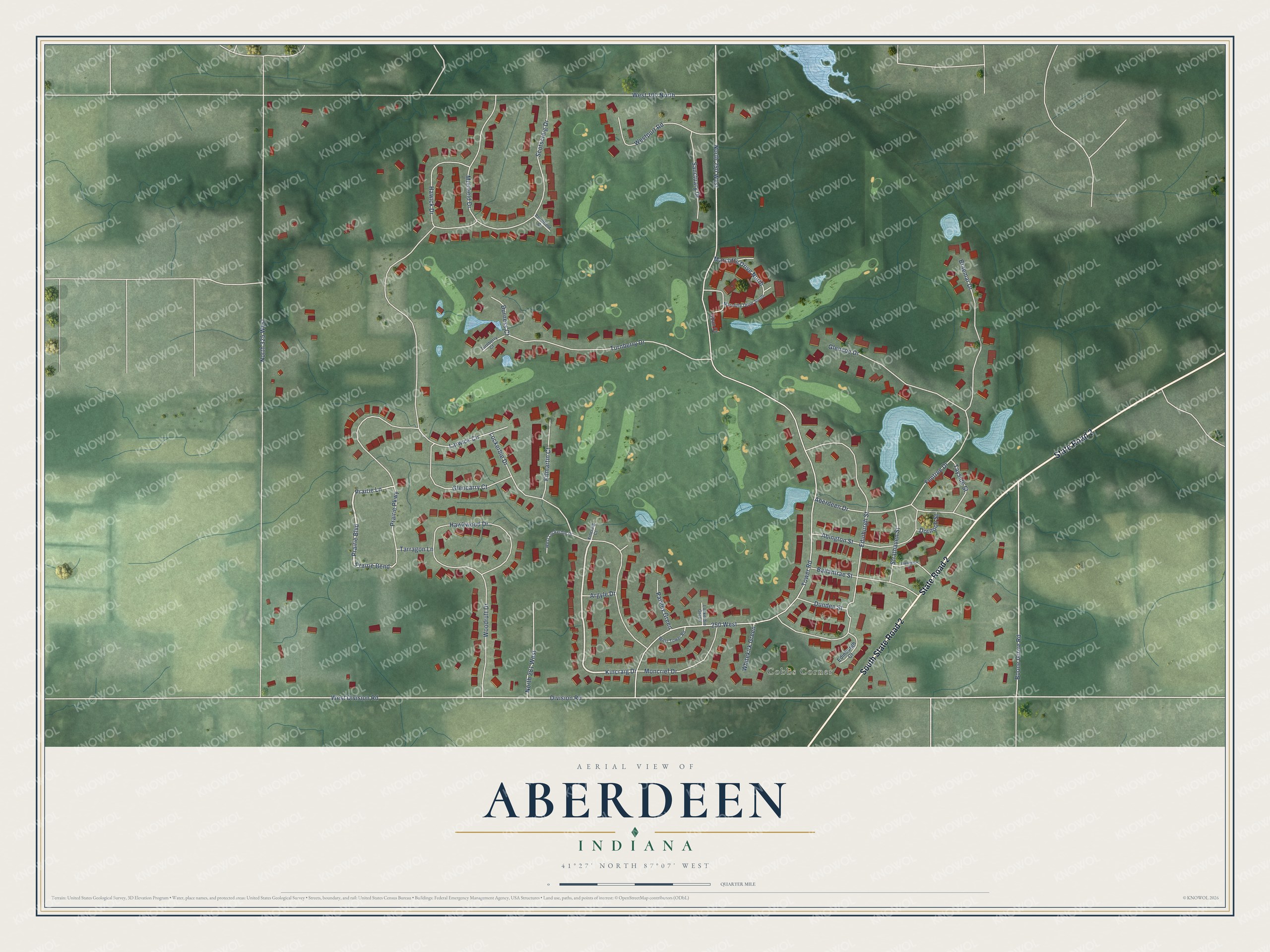 Full map of Aberdeen, Indiana, with red buildings, printed street names and the land around them