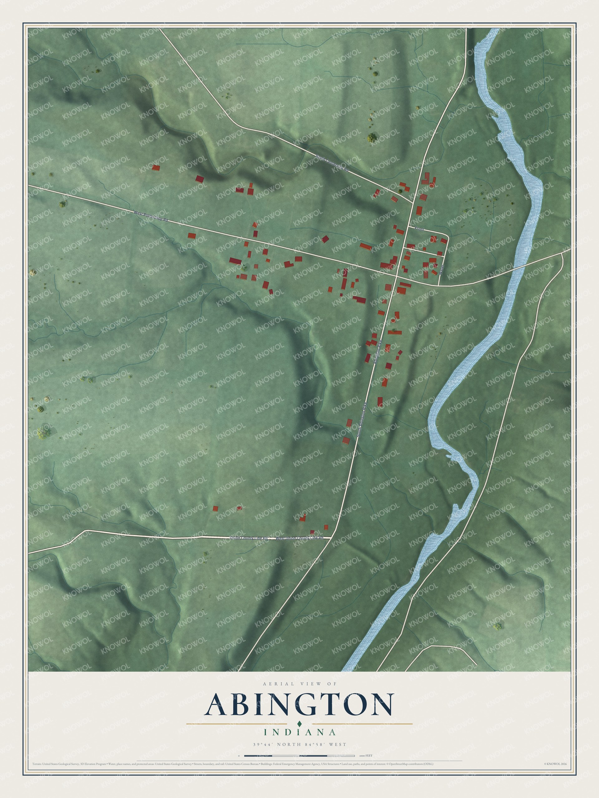 Full map of Abington, Indiana, with red buildings, printed street names and the land around them