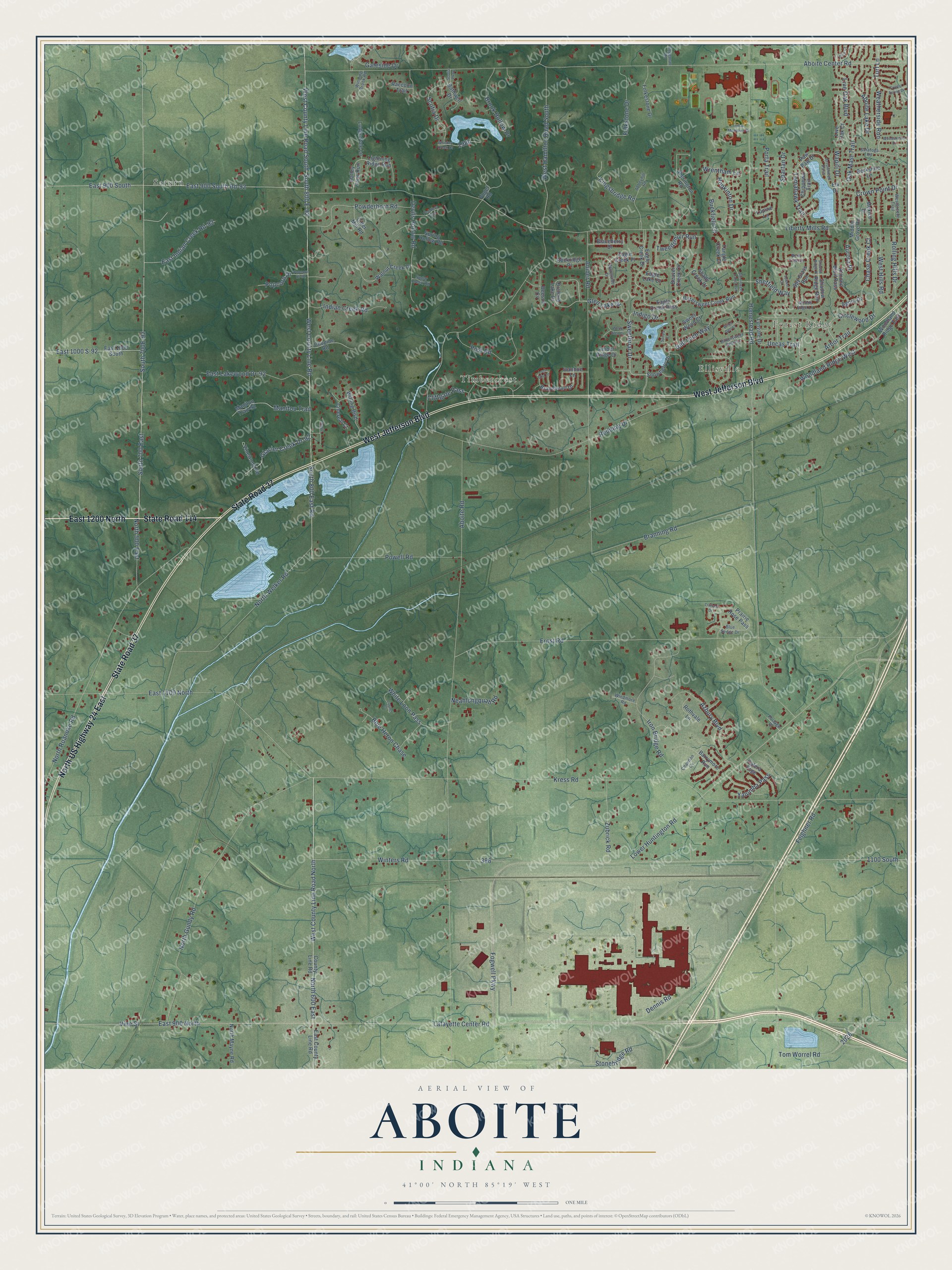 Full map of Aboite, Indiana, with red buildings, printed street names and the land around them