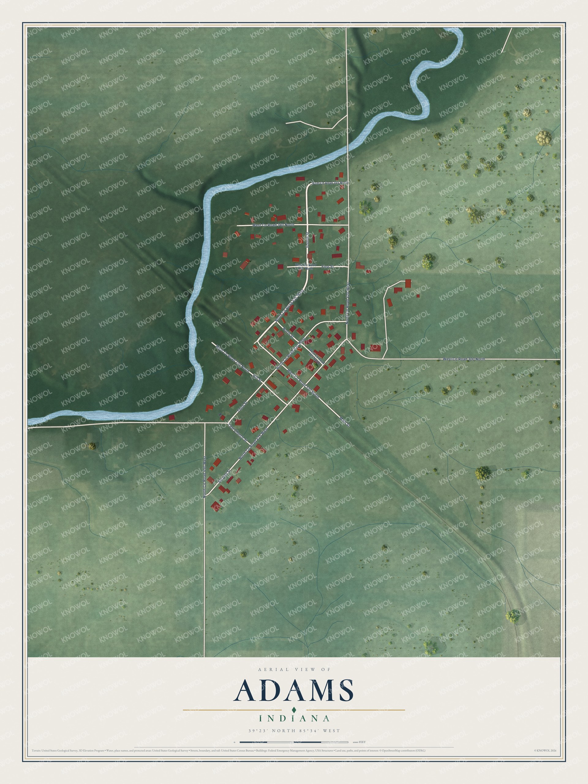 Full map of Adams, Indiana, with red buildings, printed street names and the land around them