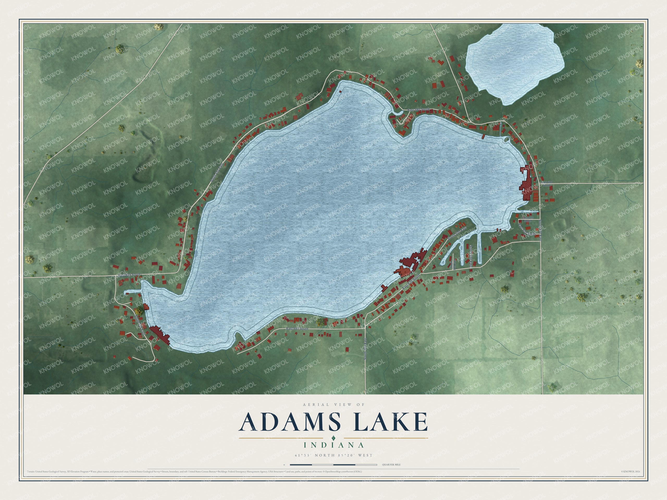 Full map of Adams Lake, Indiana, with red buildings, printed street names and the land around them
