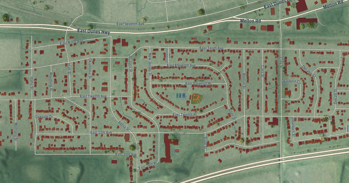 Close-up of streets and buildings in Aetna, Indiana
