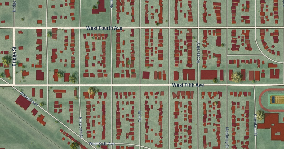 Close-up of streets and buildings in Ambridge Mann, Indiana