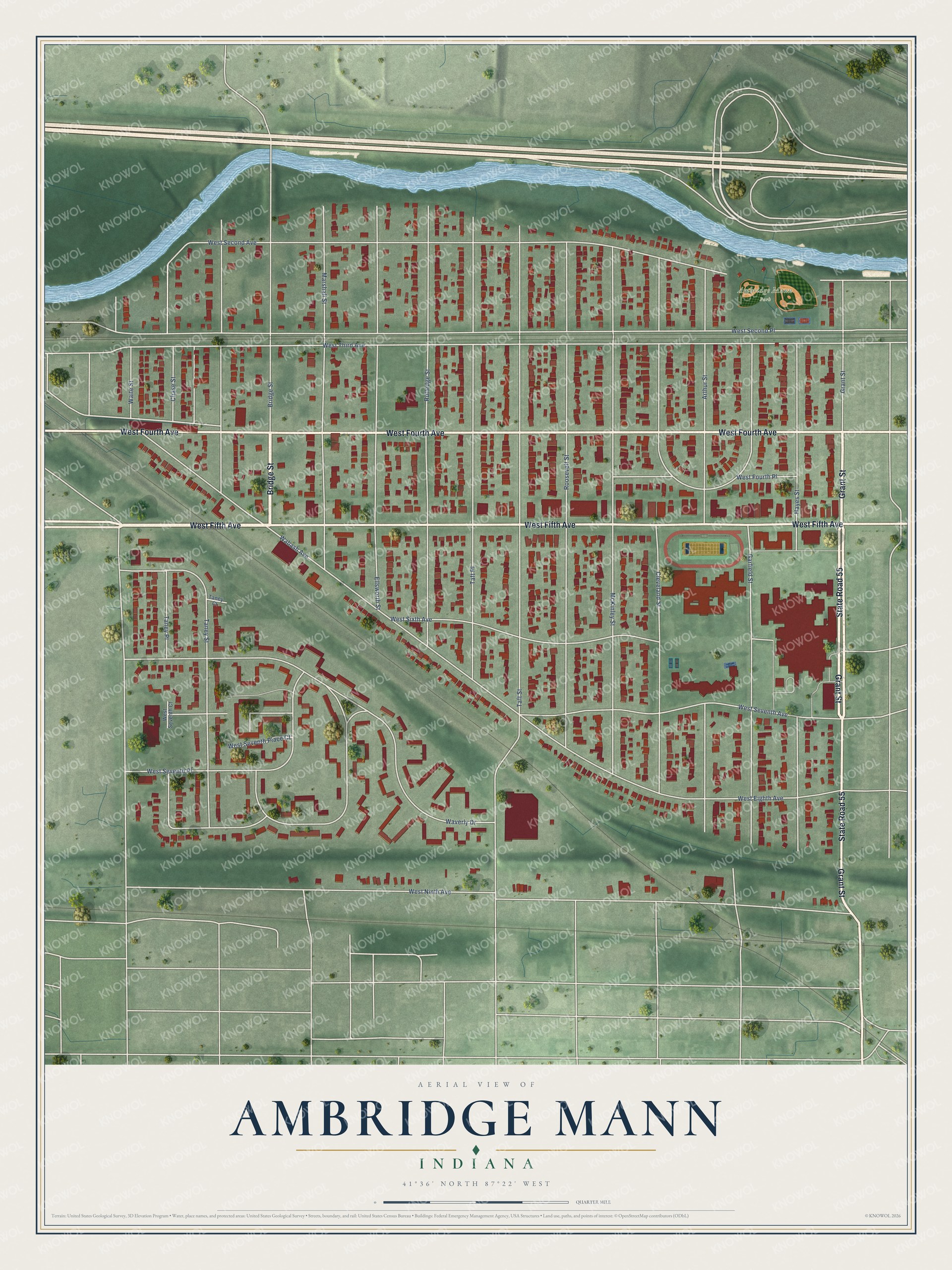 Full map of Ambridge Mann, Indiana, with red buildings, printed street names and the land around them