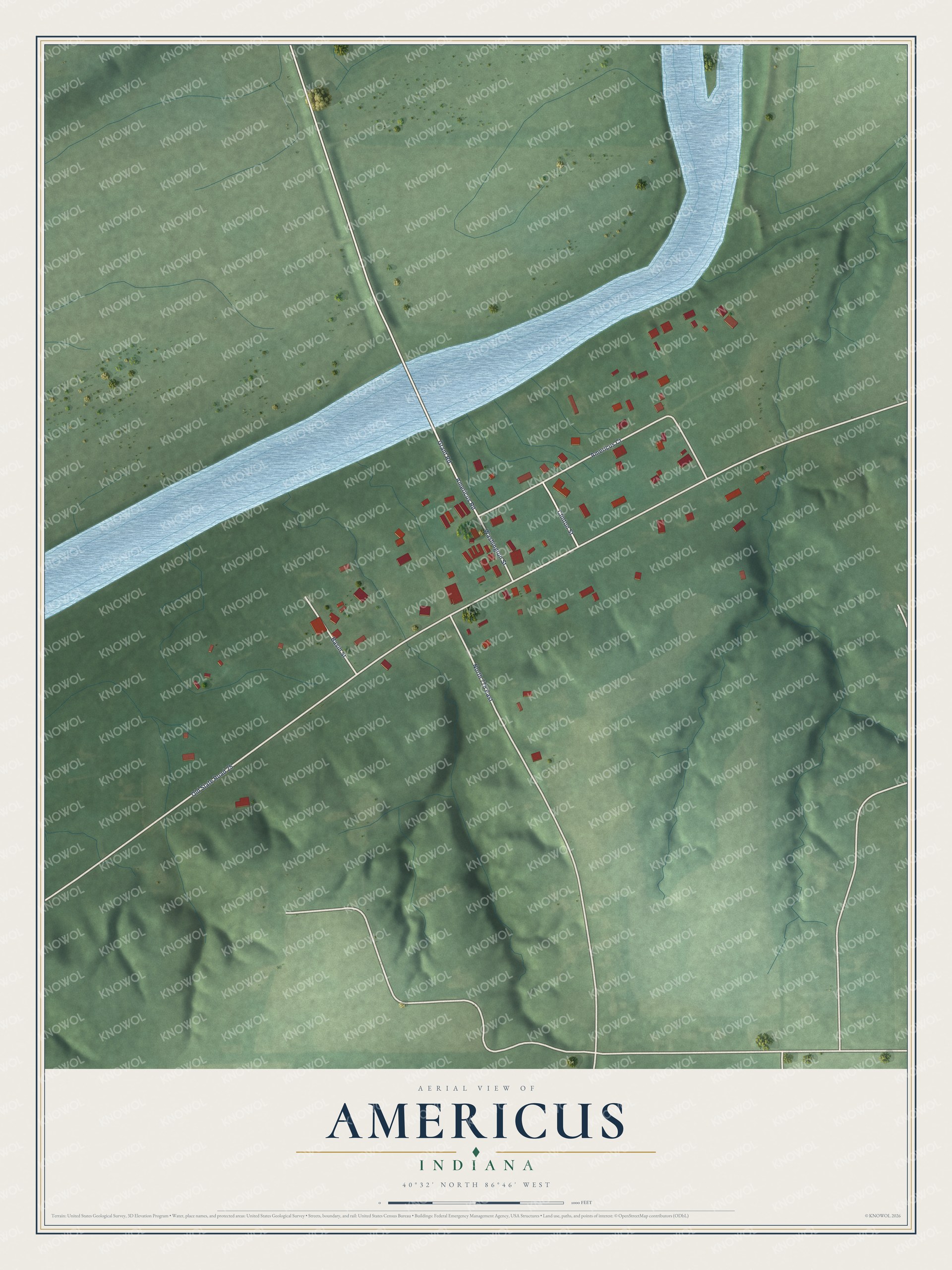 Full map of Americus, Indiana, with red buildings, printed street names and the land around them