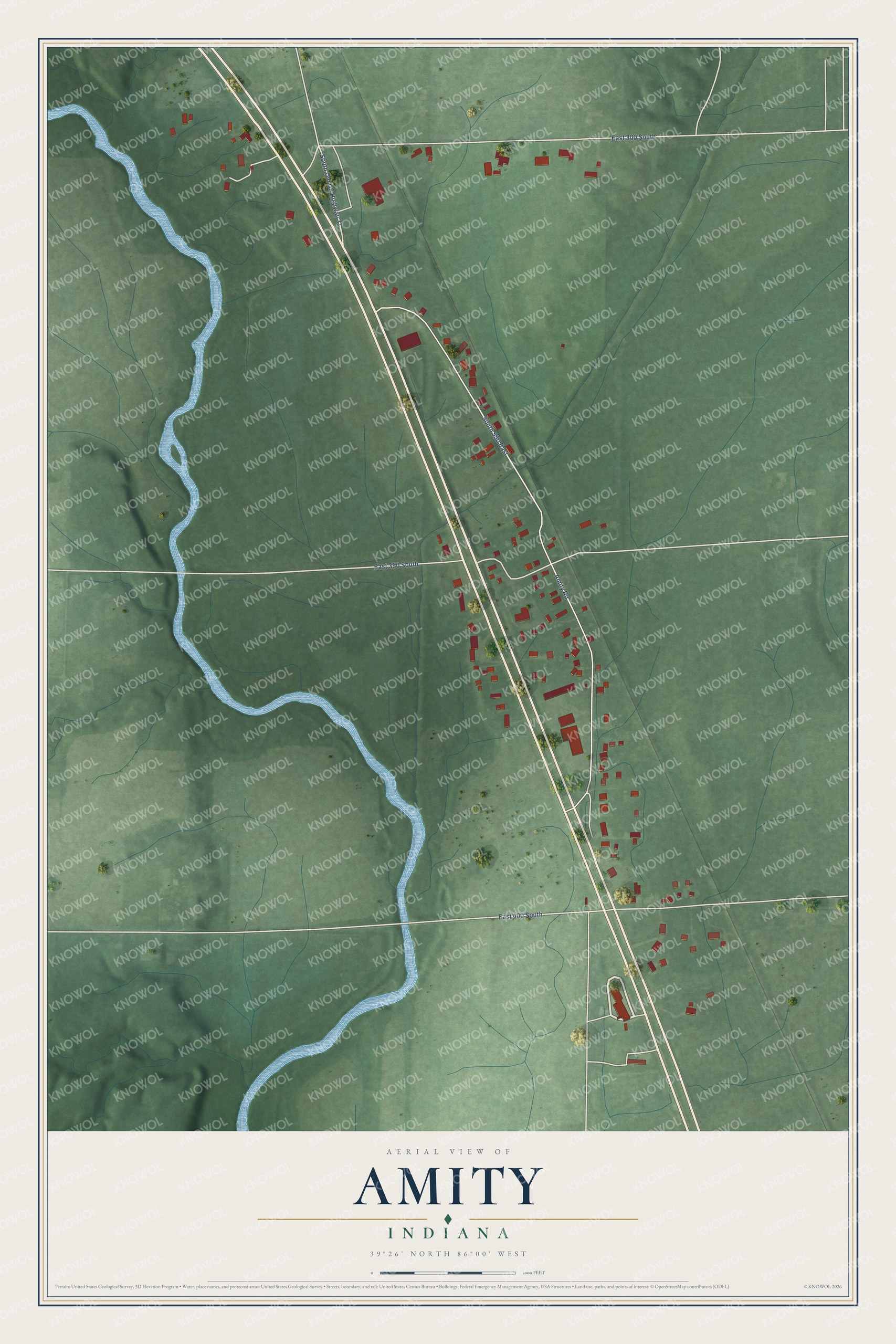 Full map of Amity, Indiana, with red buildings, printed street names and the land around them