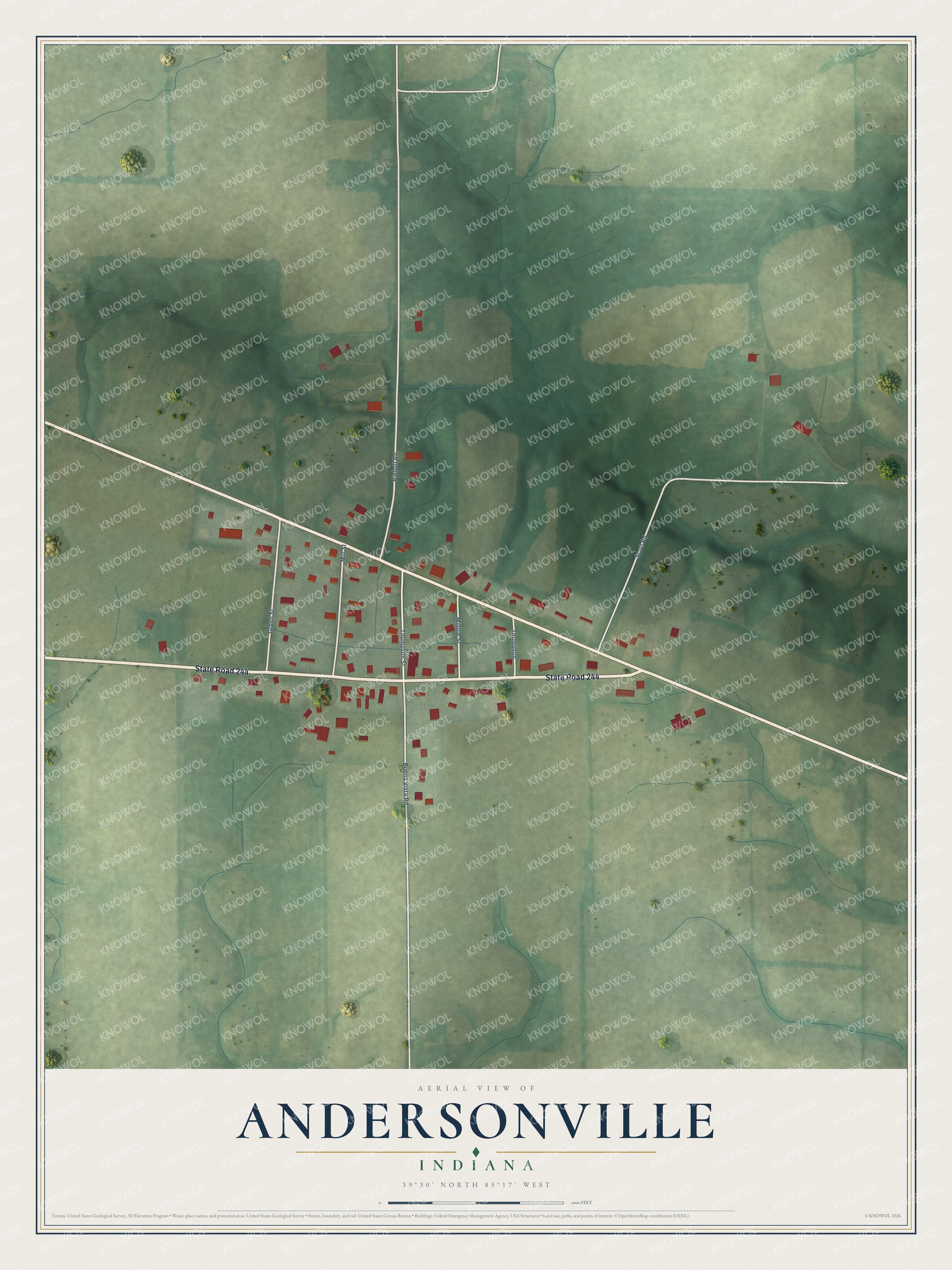 Full map of Andersonville, Indiana, with red buildings, printed street names and the land around them