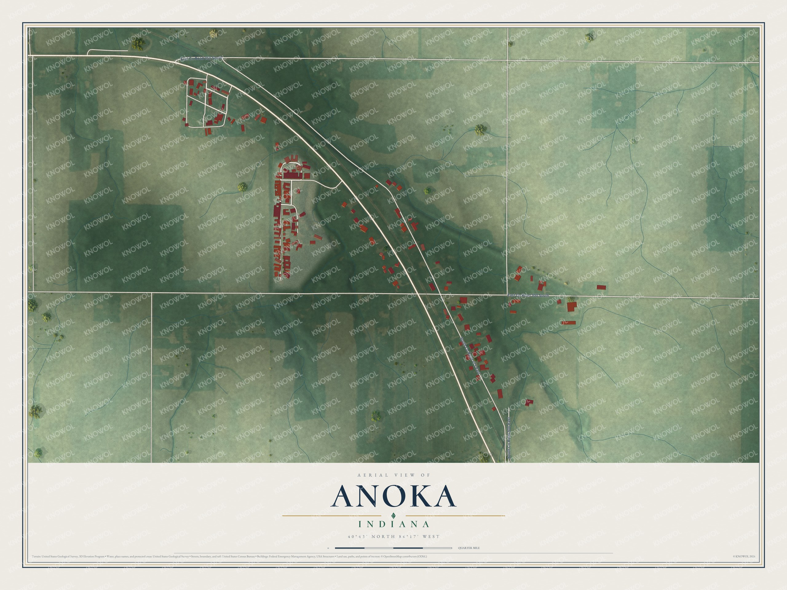 Full map of Anoka, Indiana, with red buildings, printed street names and the land around them