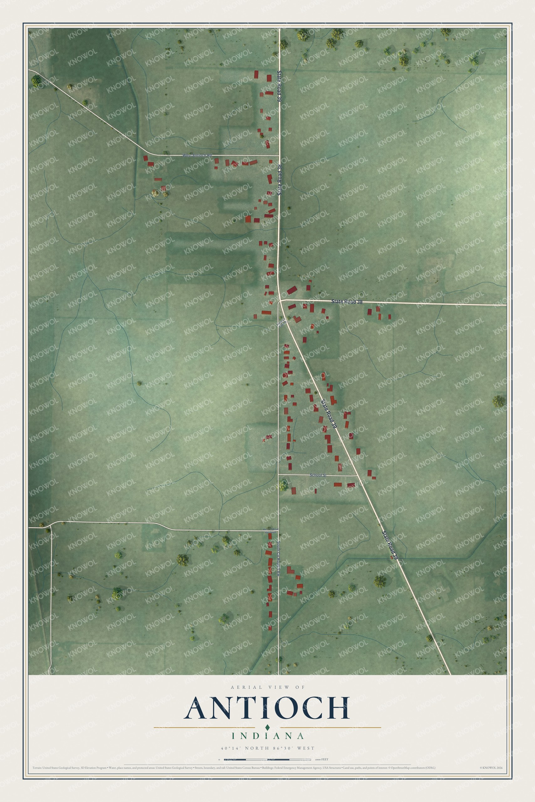 Full map of Antioch, Indiana, with red buildings, printed street names and the land around them