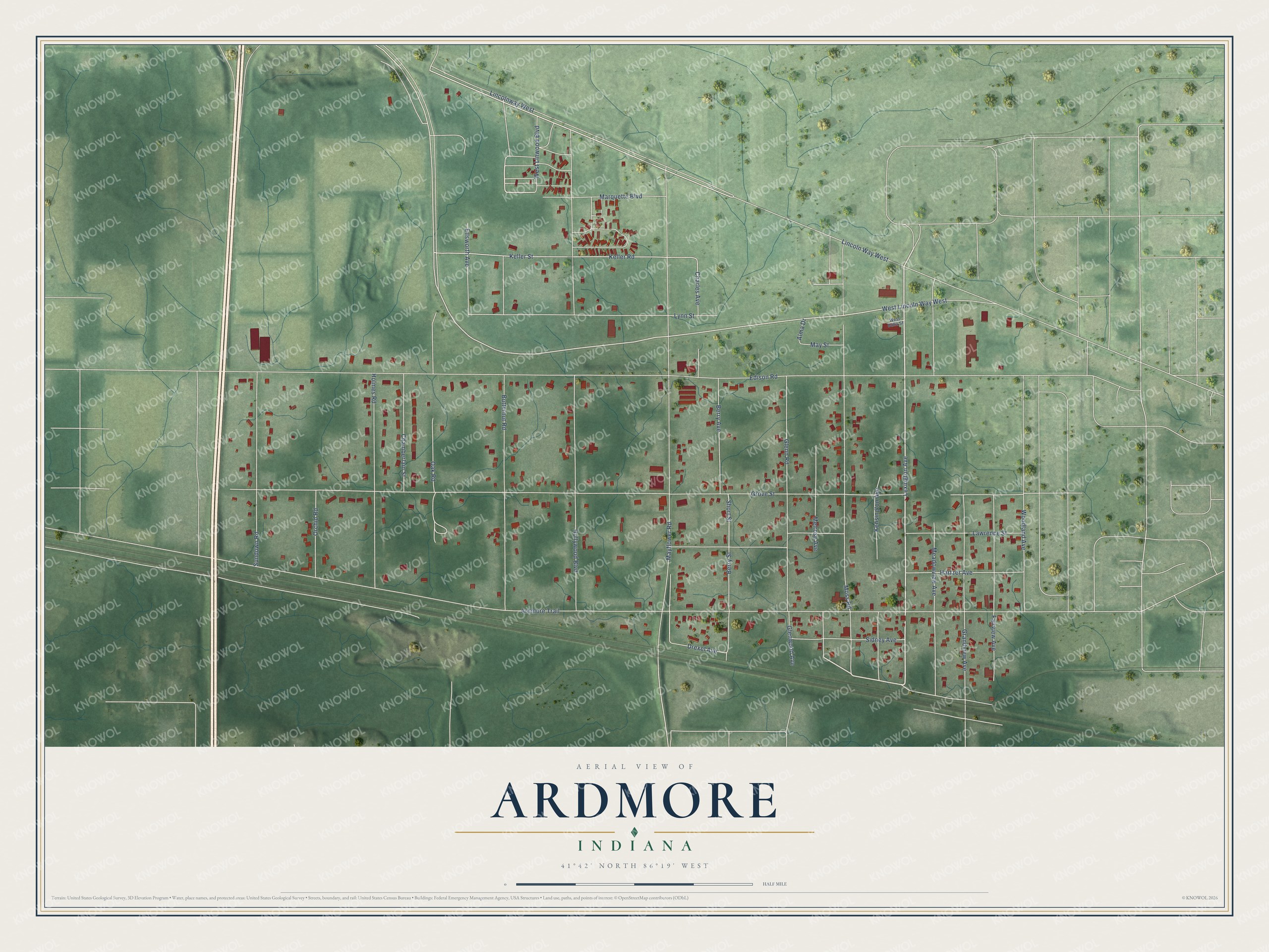 Full map of Ardmore, Indiana, with red buildings, printed street names and the land around them