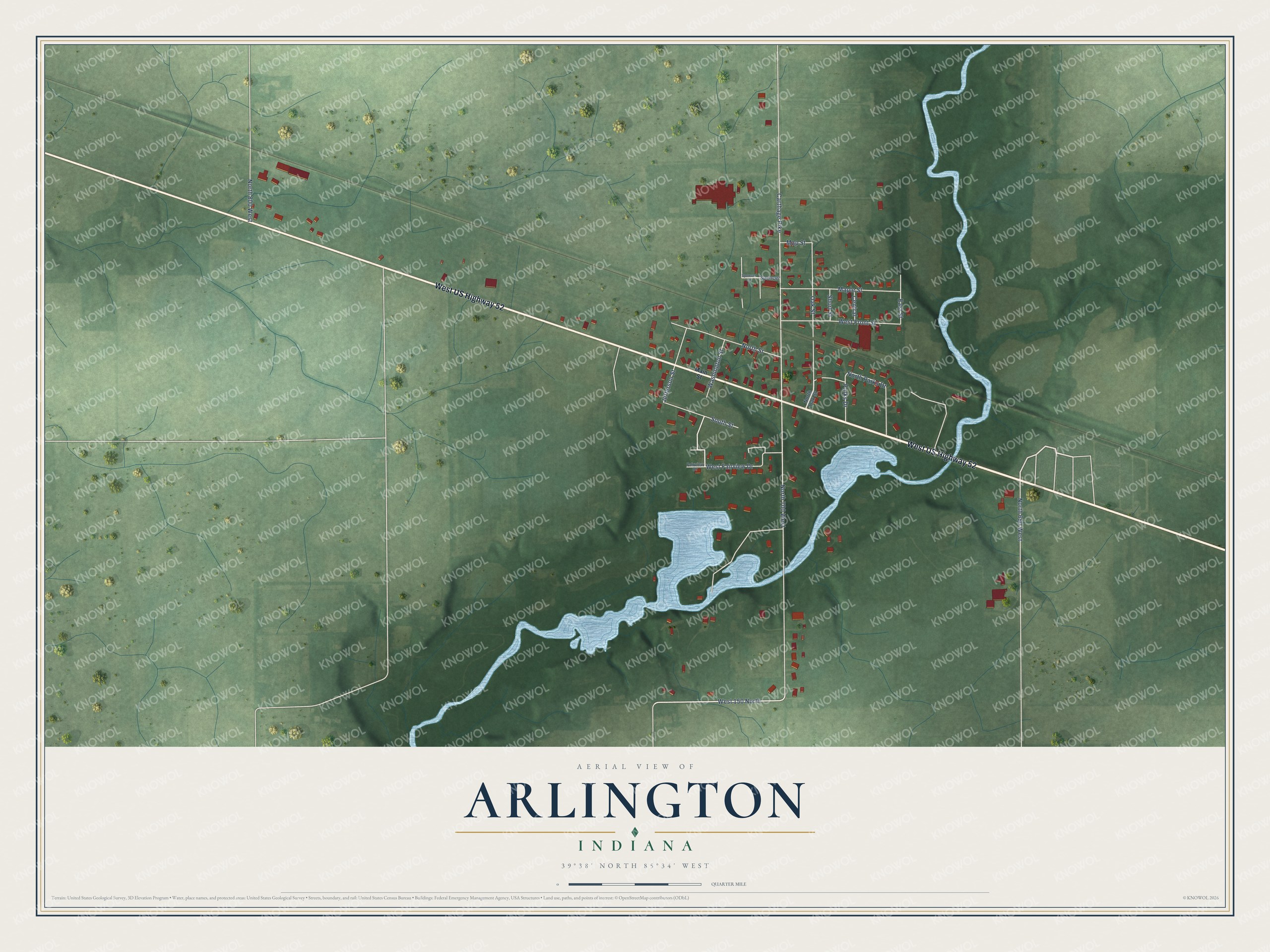 Full map of Arlington, Indiana, with red buildings, printed street names and the land around them