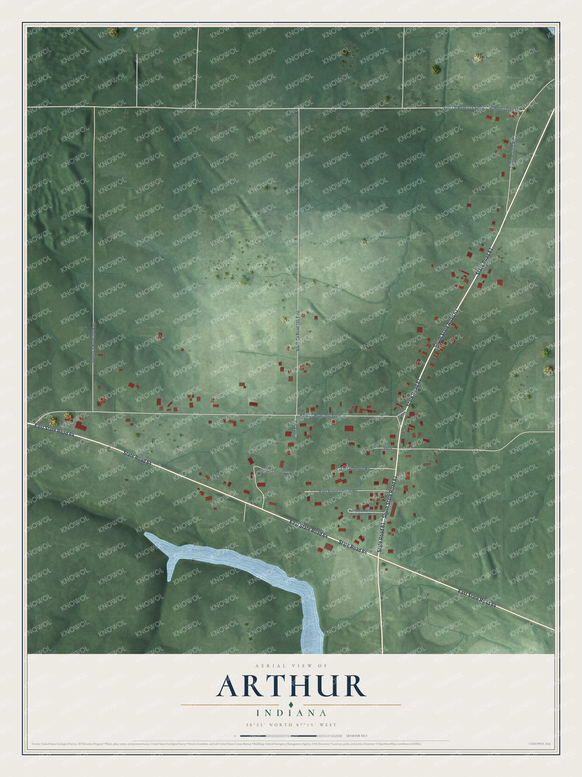 Full map of Arthur, Indiana, with red buildings, printed street names and the land around them