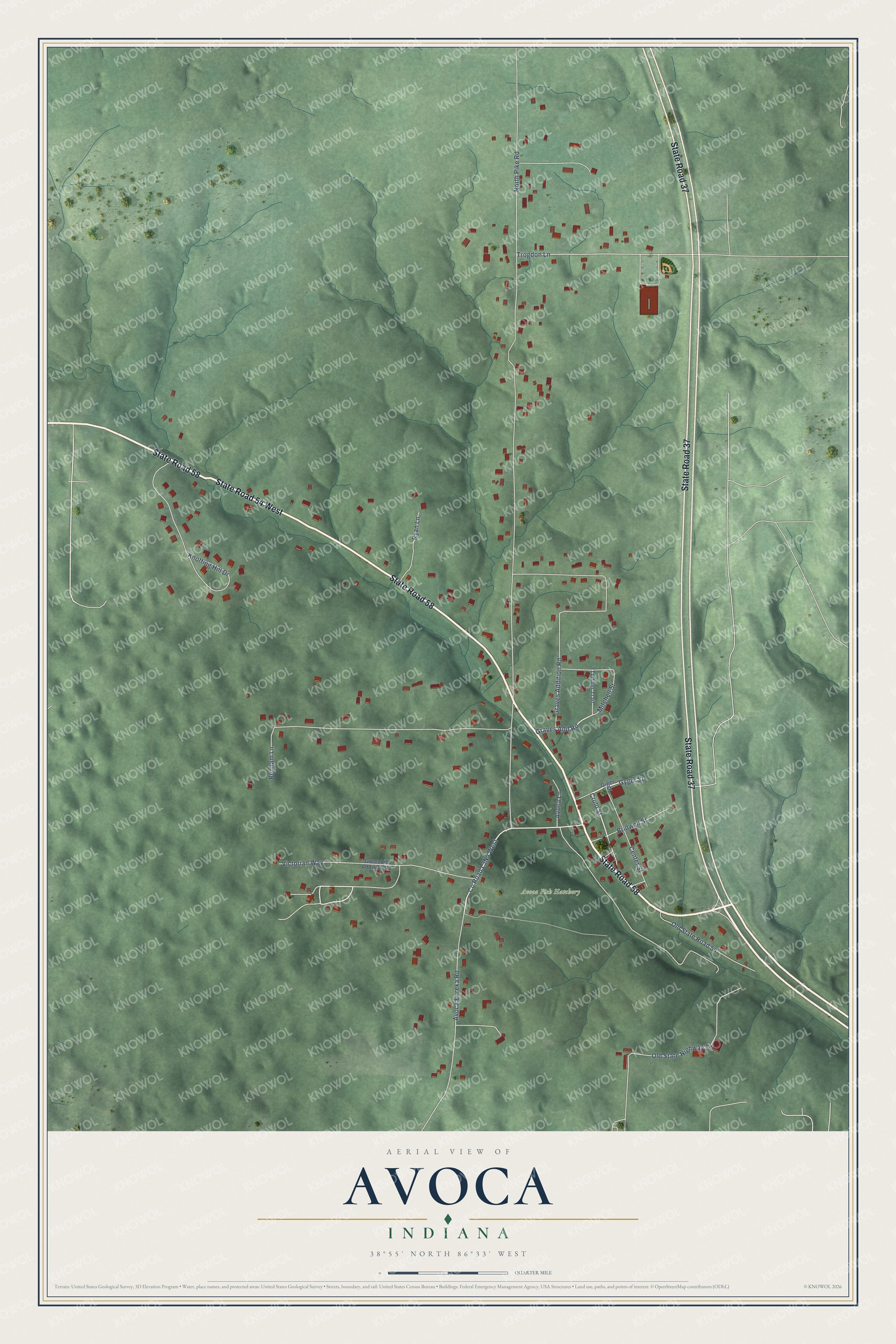 Full map of Avoca, Indiana, with red buildings, printed street names and the land around them