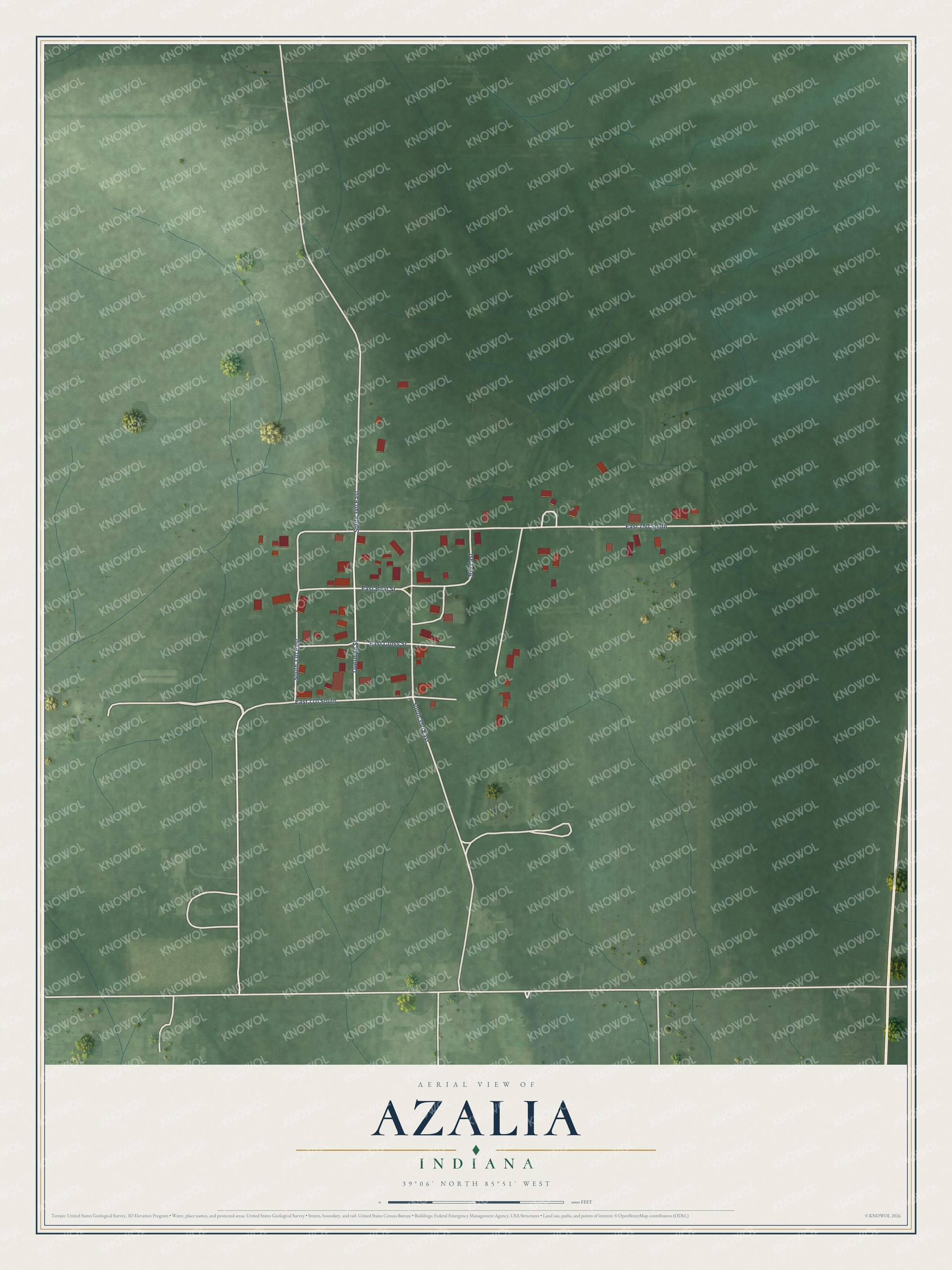 Full map of Azalia, Indiana, with red buildings, printed street names and the land around them