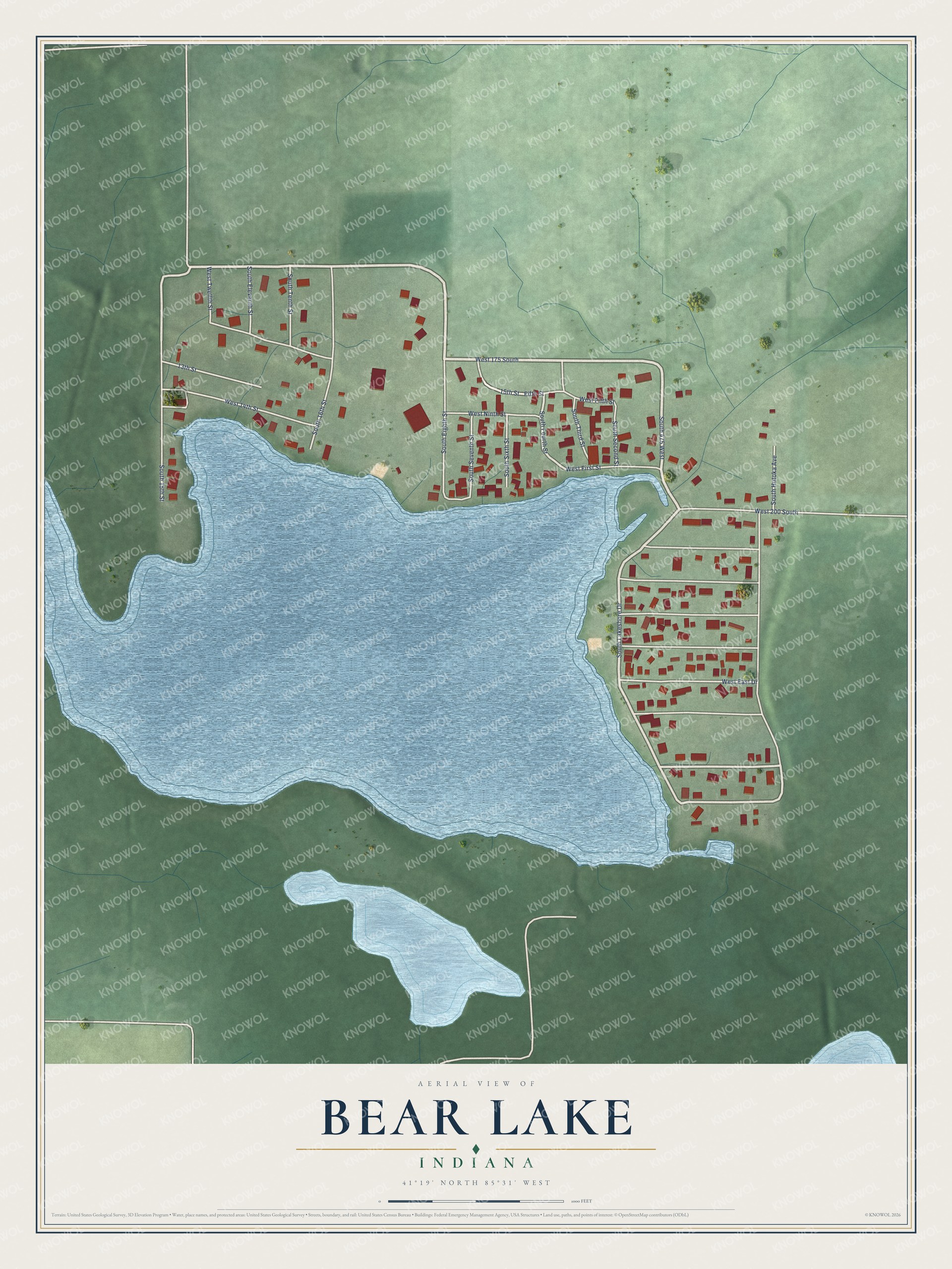 Full map of Bear Lake, Indiana, with red buildings, printed street names and the land around them