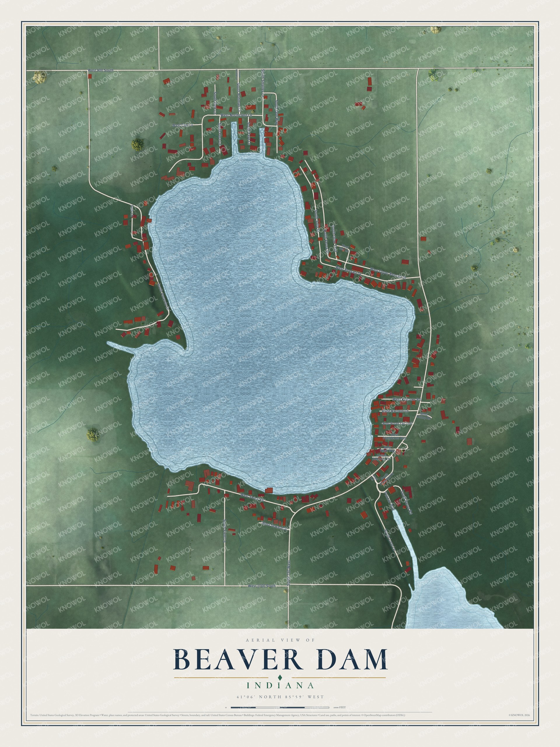 Full map of Beaver Dam, Indiana, with red buildings, printed street names and the land around them