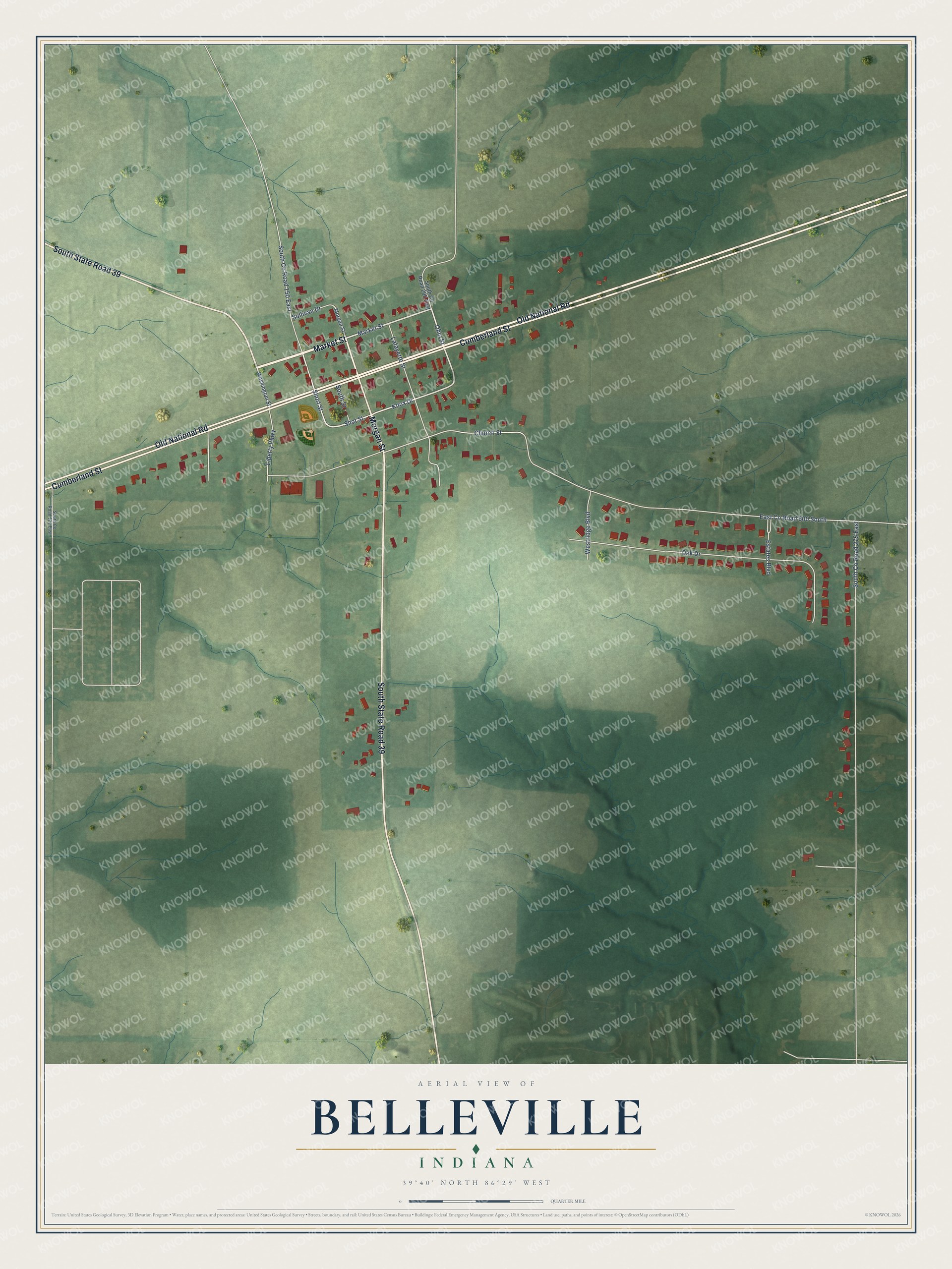 Full map of Belleville, Indiana, with red buildings, printed street names and the land around them