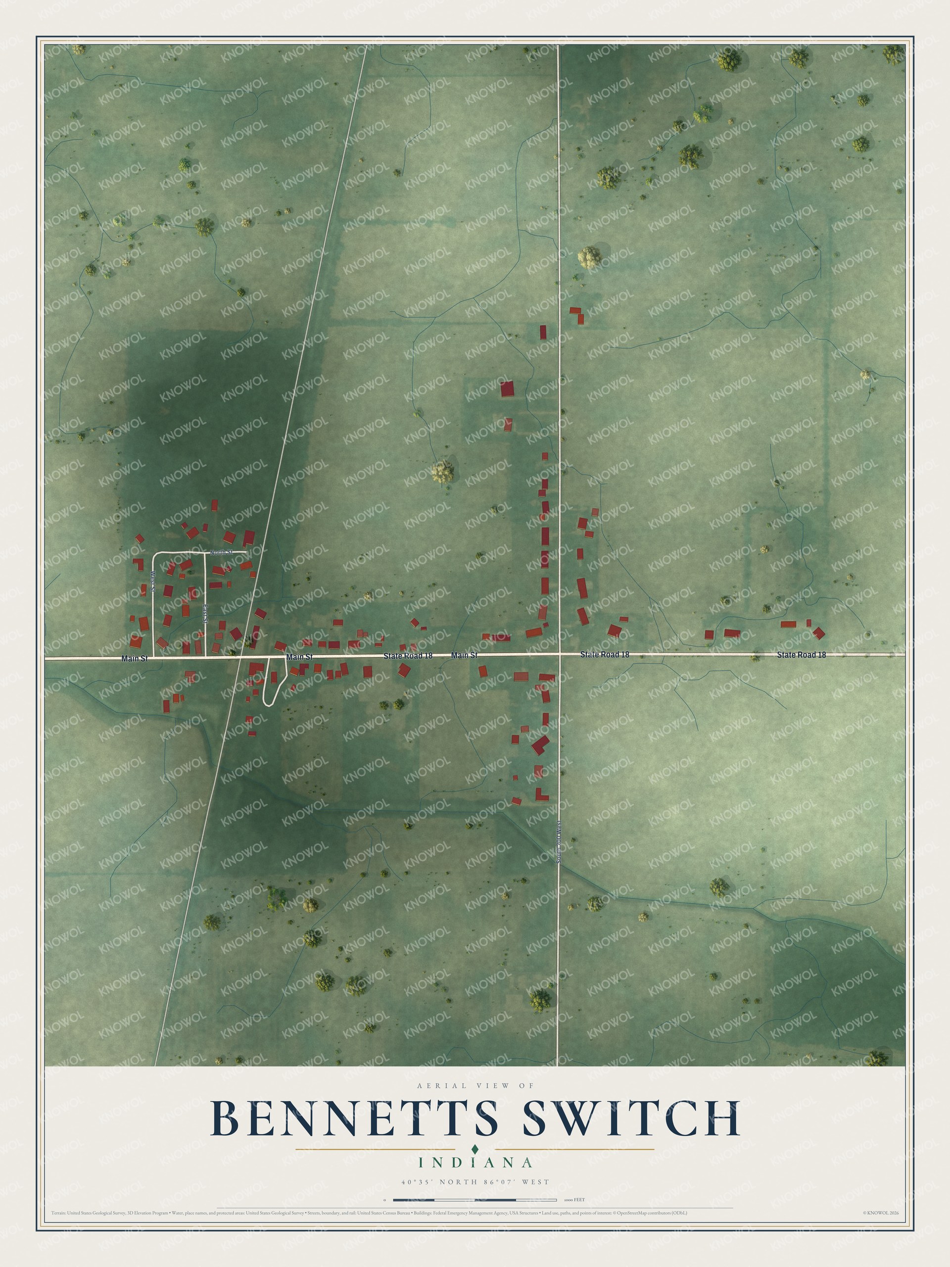 Full map of Bennetts Switch, Indiana, with red buildings, printed street names and the land around them
