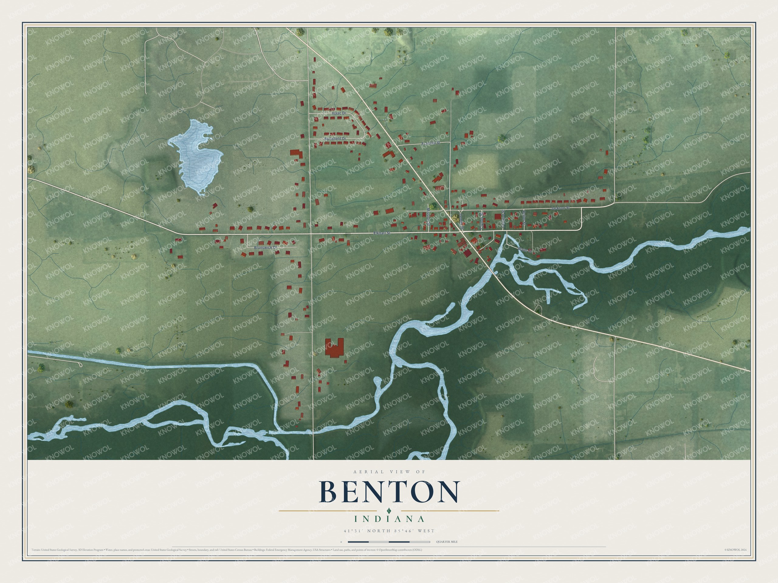 Full map of Benton, Indiana, with red buildings, printed street names and the land around them