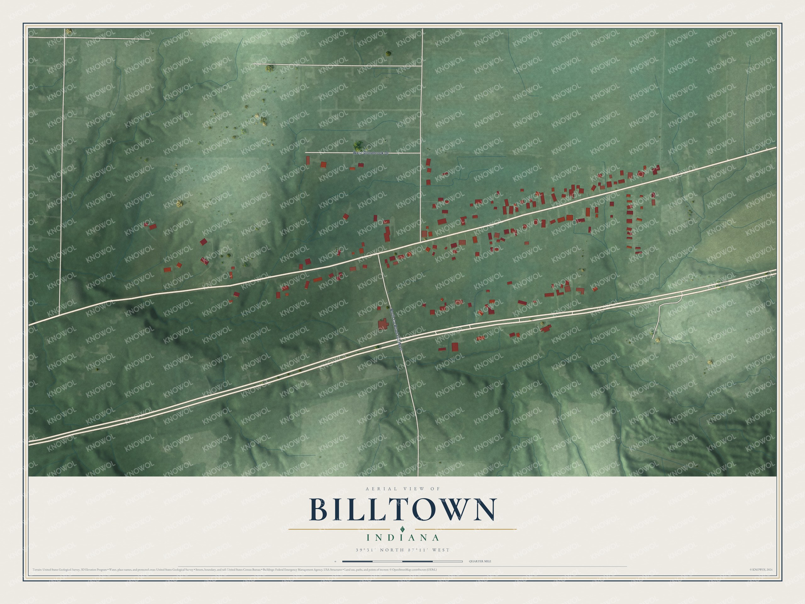 Full map of Billtown, Indiana, with red buildings, printed street names and the land around them