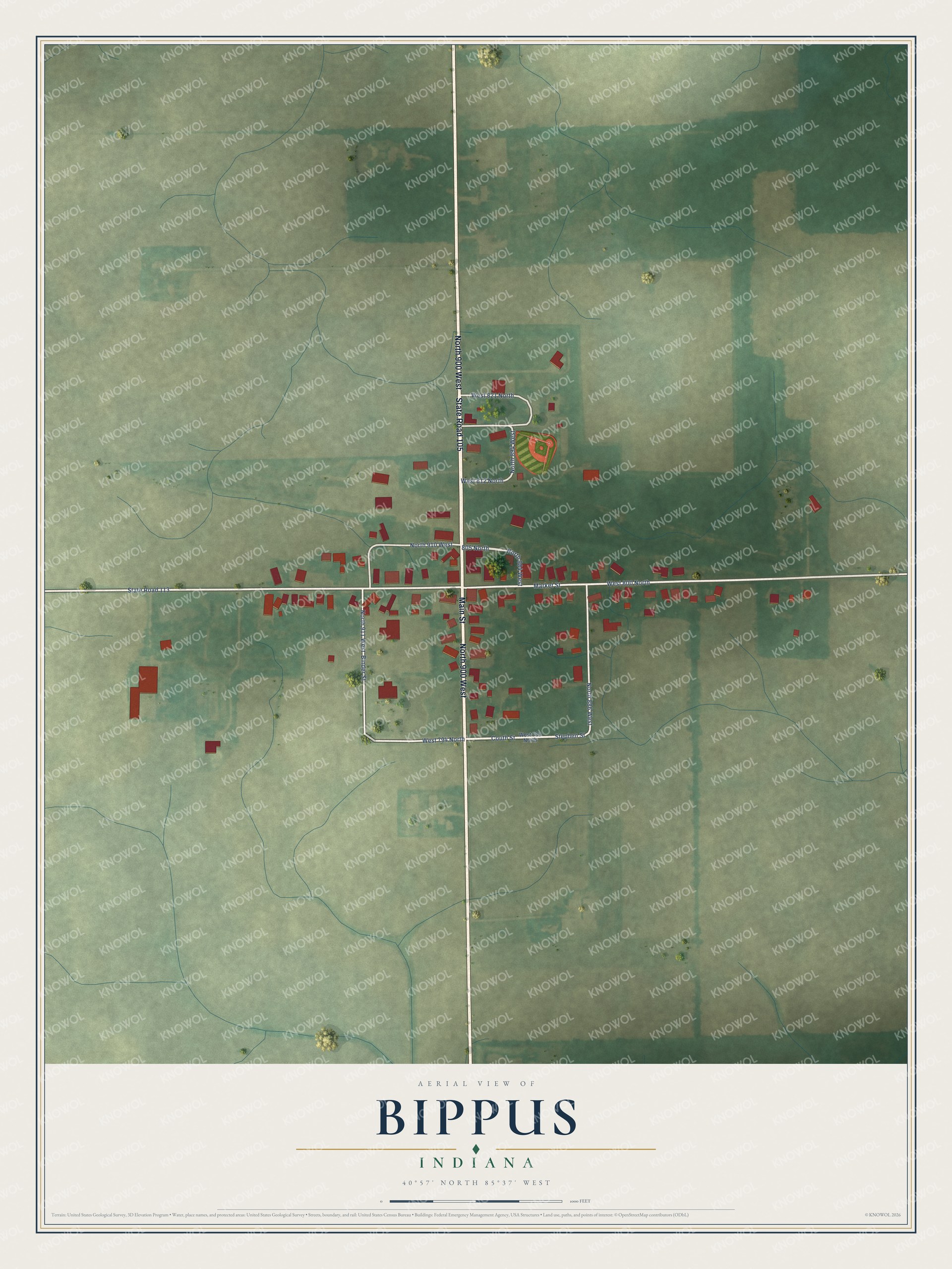 Full map of Bippus, Indiana, with red buildings, printed street names and the land around them