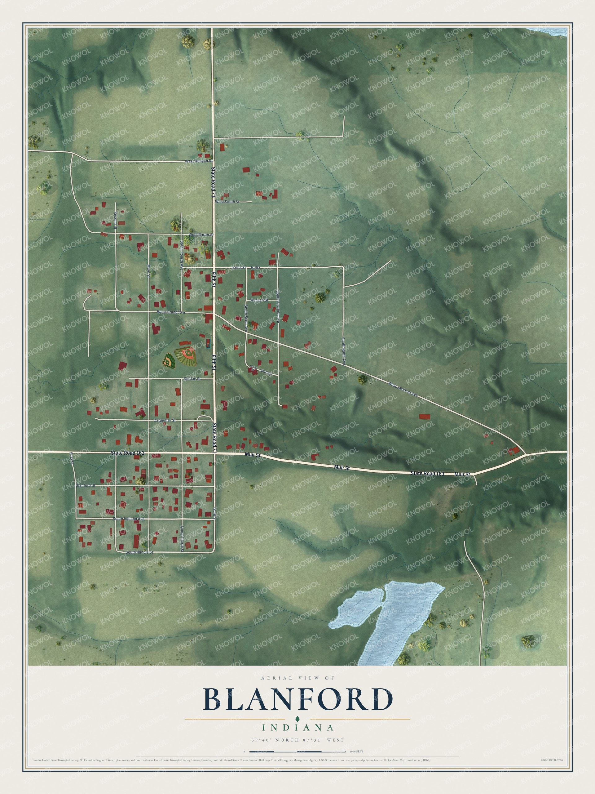 Full map of Blanford, Indiana, with red buildings, printed street names and the land around them