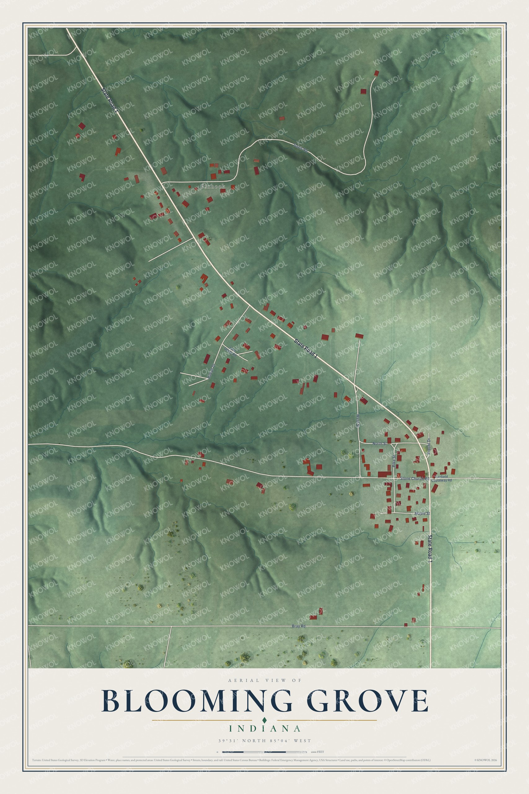 Full map of Blooming Grove, Indiana, with red buildings, printed street names and the land around them